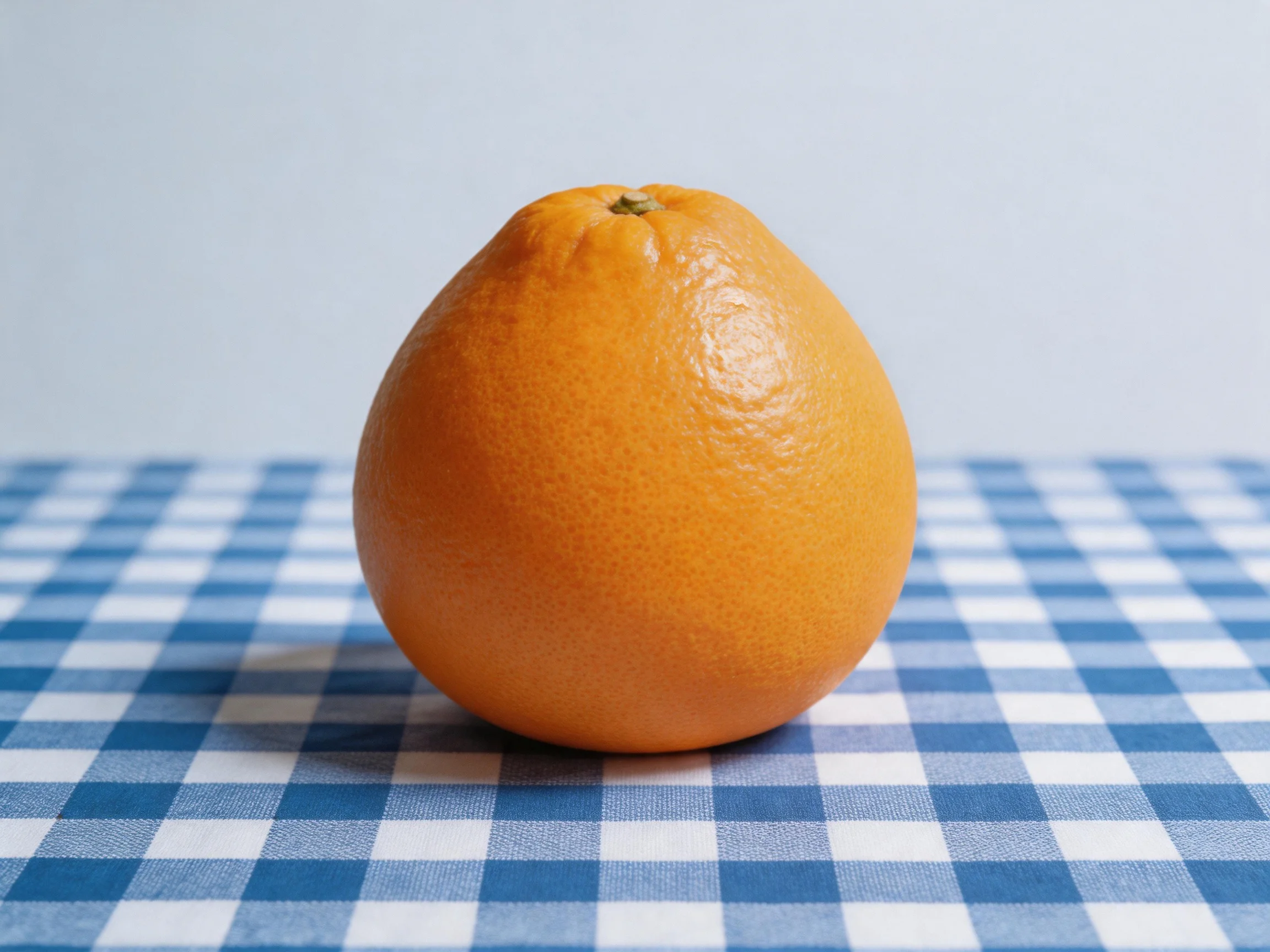 A single round orange citrus fruit placed on a blue and white checkeredfabric