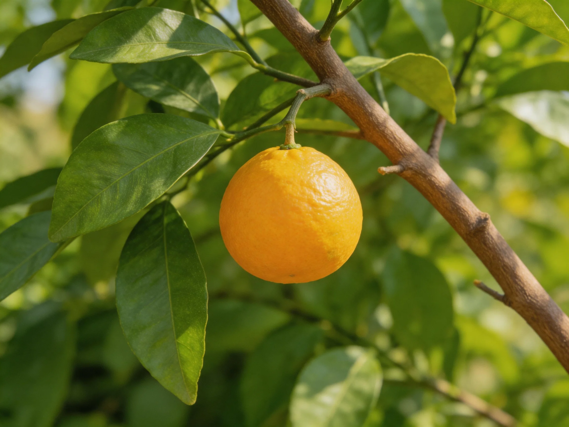 A single round orange fruit hangs from a citrus tree branch