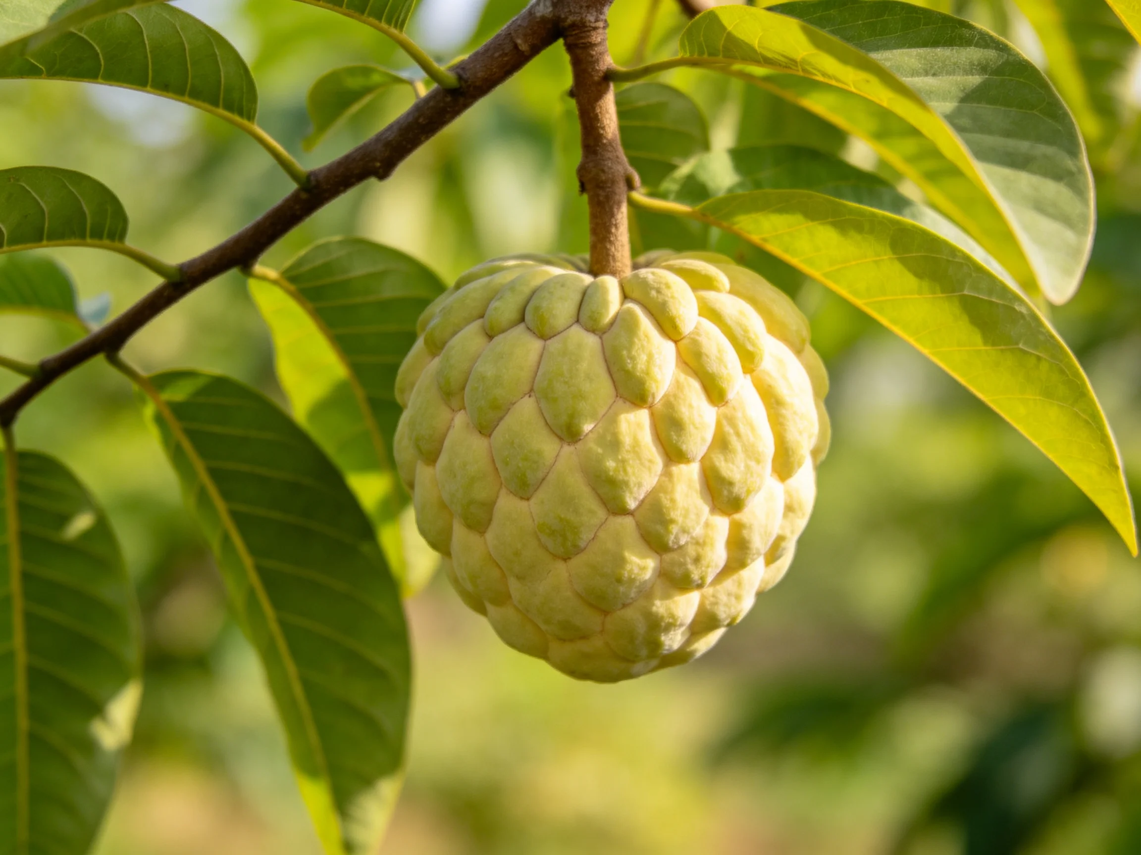A single scaly custard apple hangs from a tree branch amidst broad green leaves