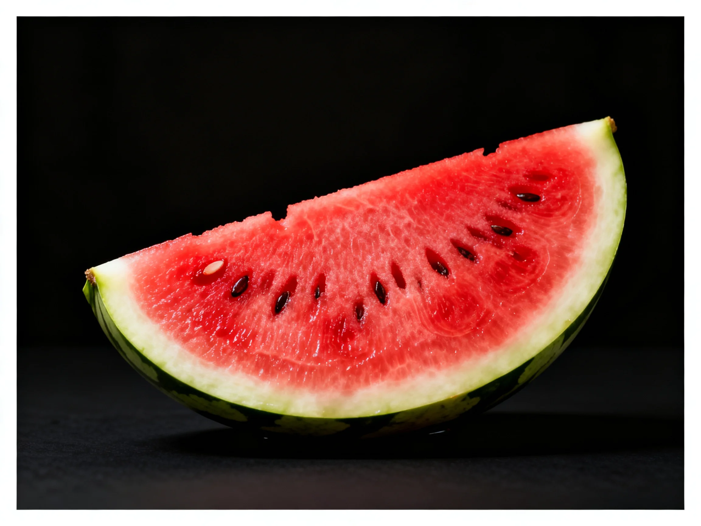 A single slice of red watermelon with green rind against a black backdrop