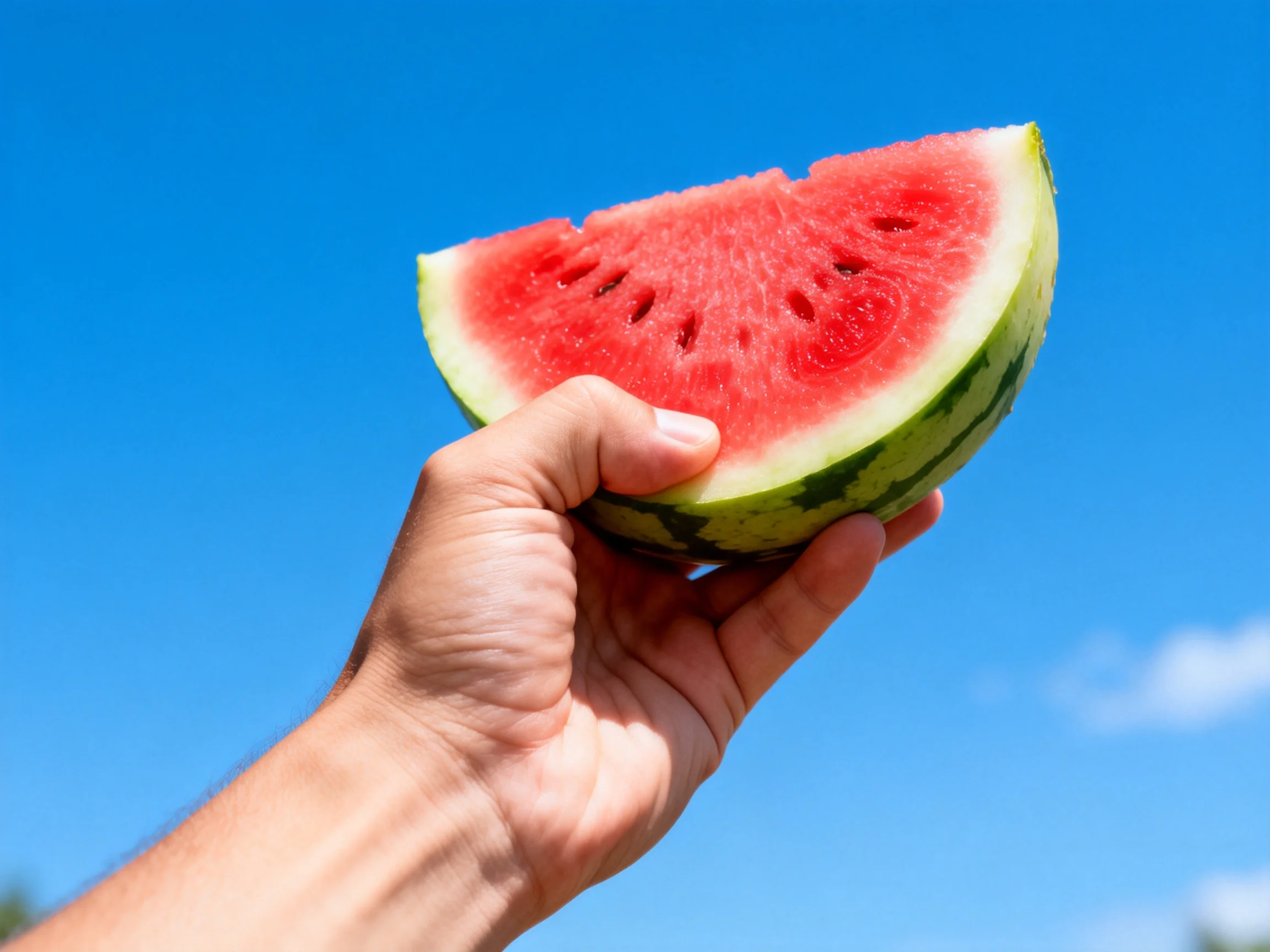 A single slice of vibrant red watermelon held up against clear blue sky