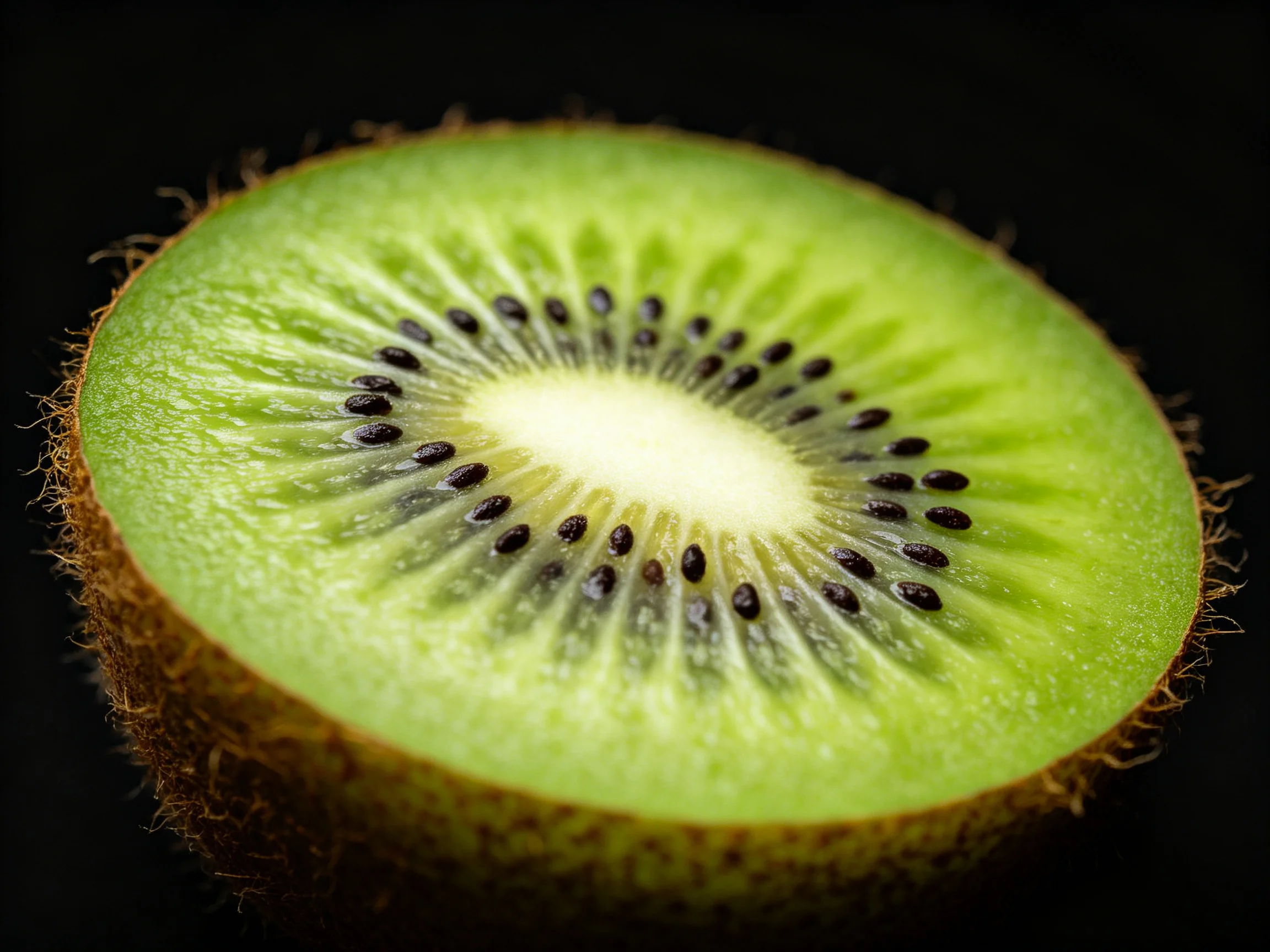 A single sliced kiwi with bright green flesh and dark seeds