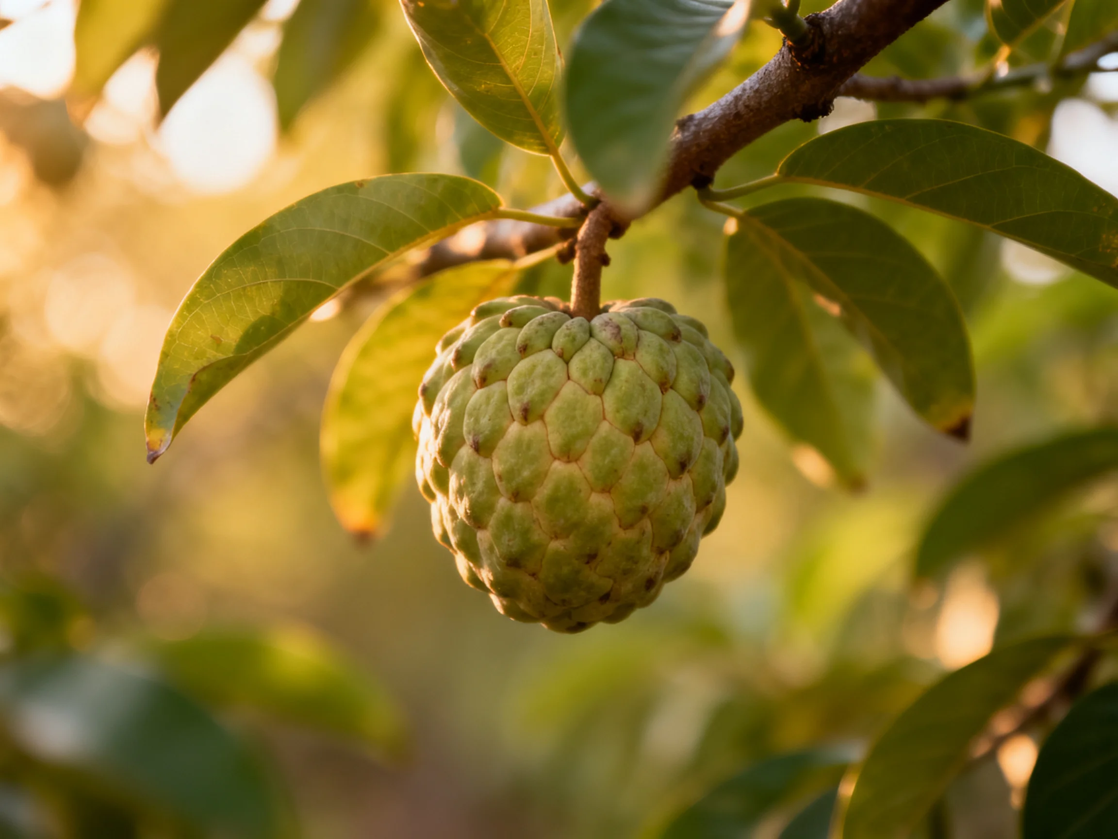 A single textured green custard apple hangs from a tree branch amidst broad leaves