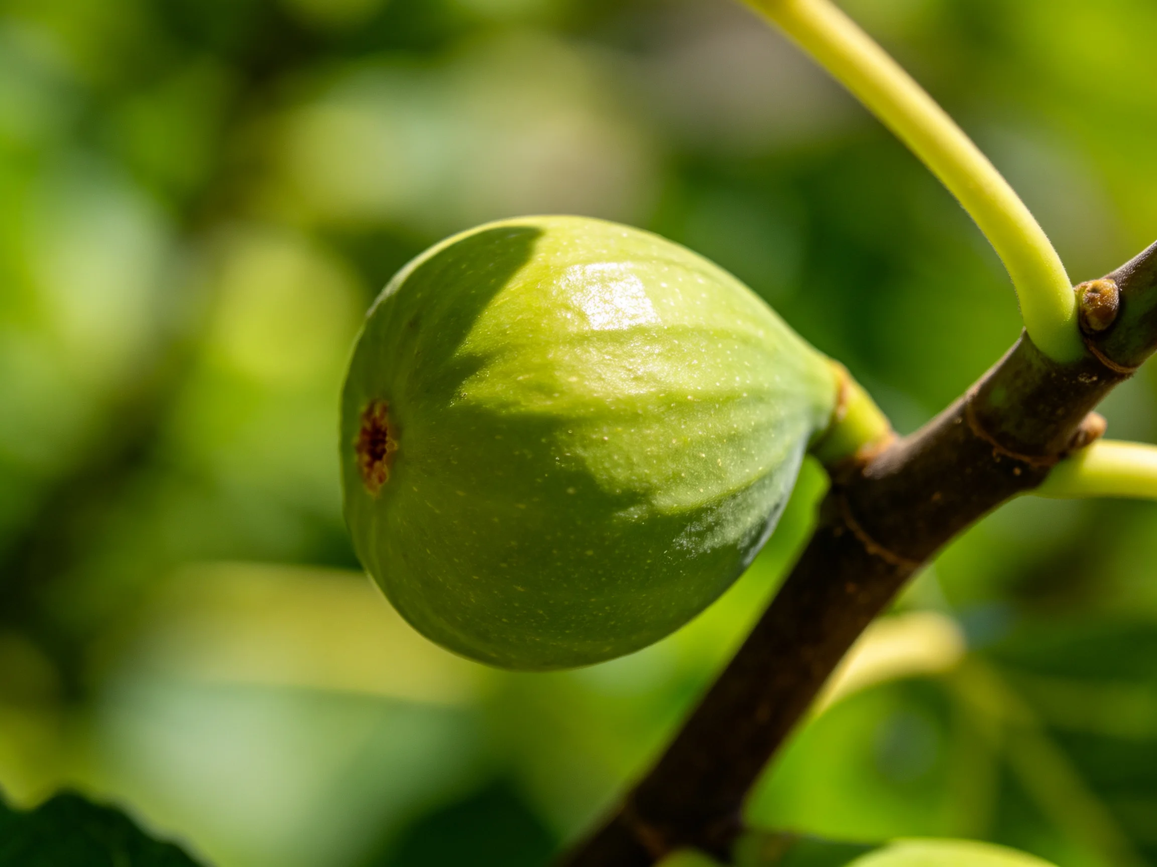 A single unripe green fig attached to a dark brown tree branch