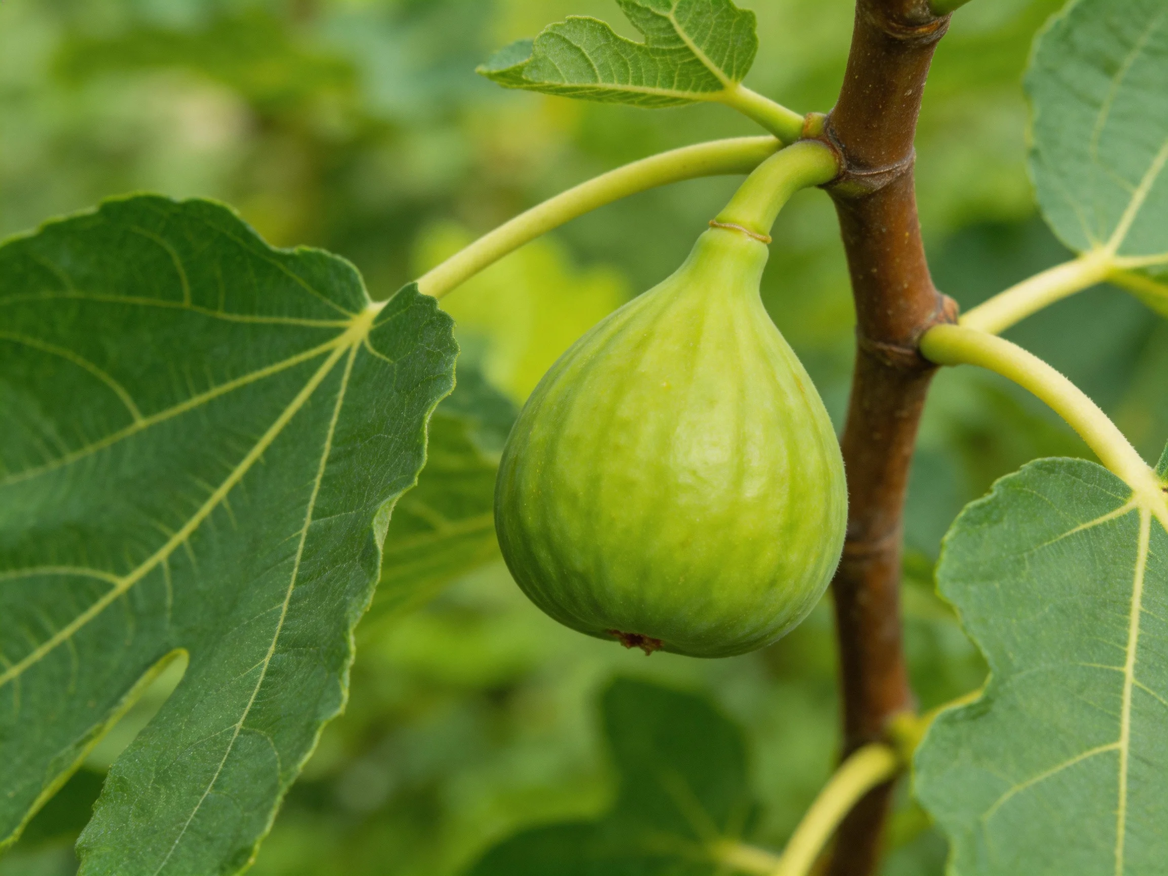 A single unripe green fig grows near large green leaves on a brown branch