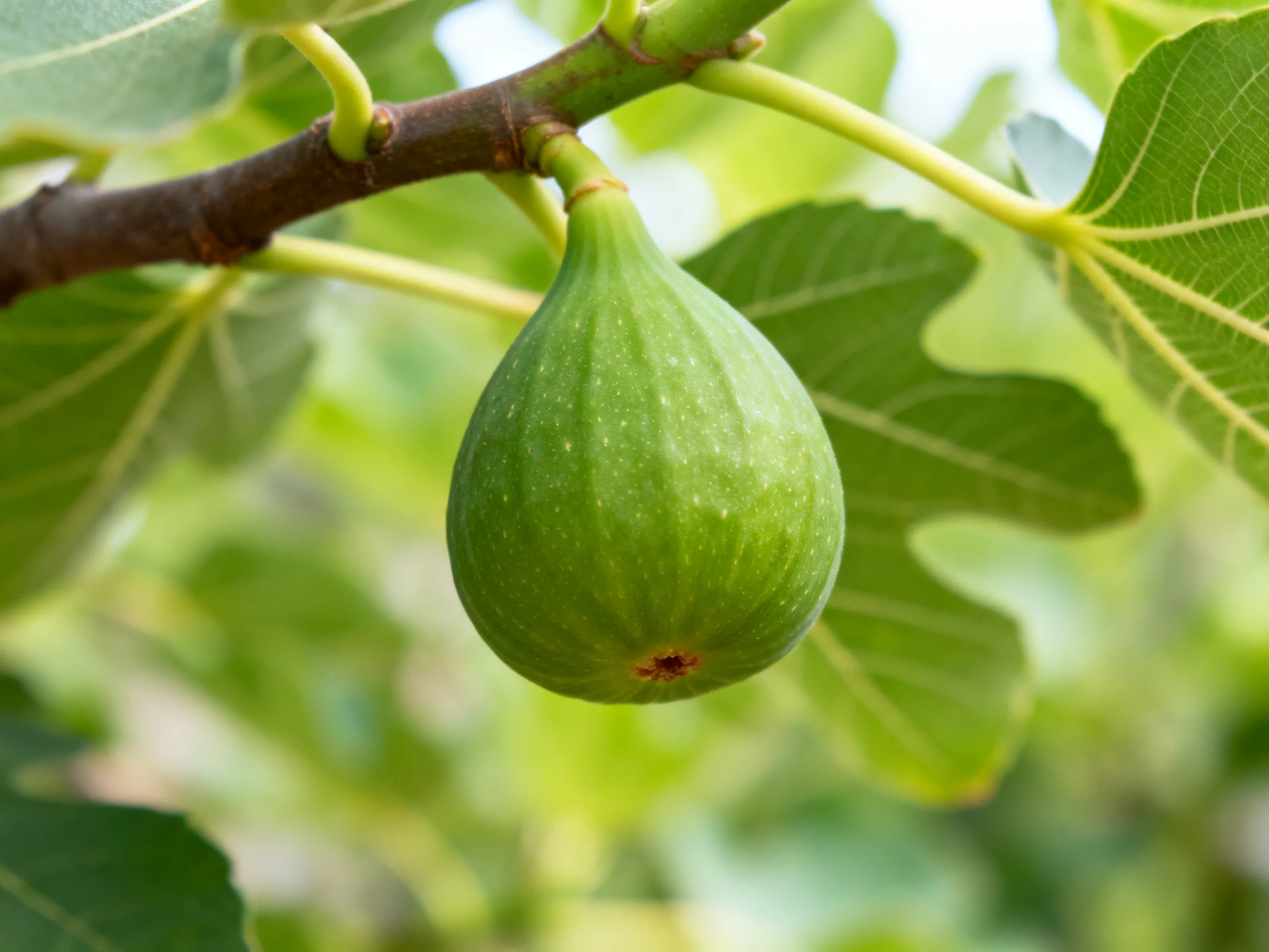 A single unripe green fig hangs from a brown tree branch