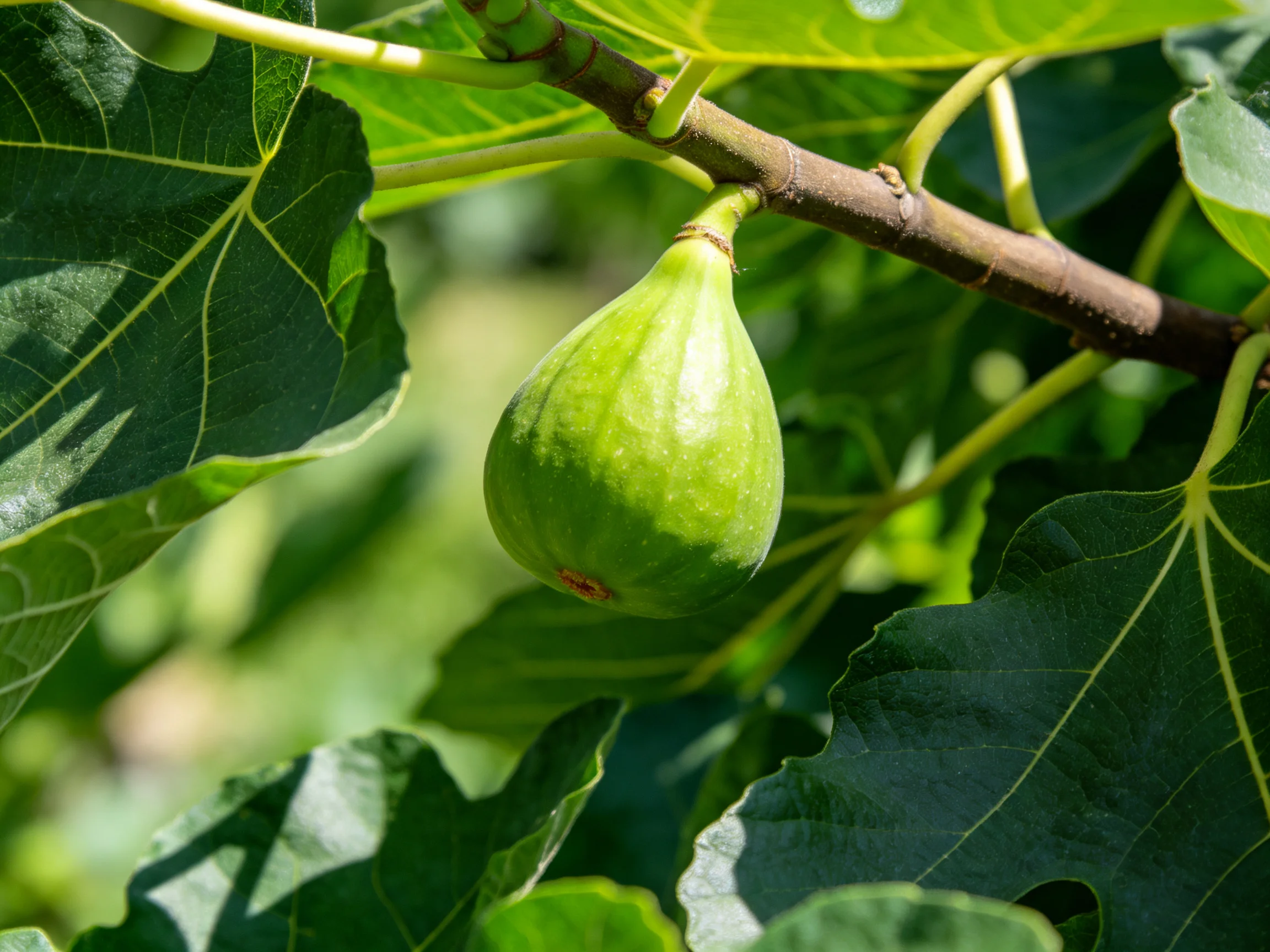 A single unripe green fig hangs from a brown tree branch