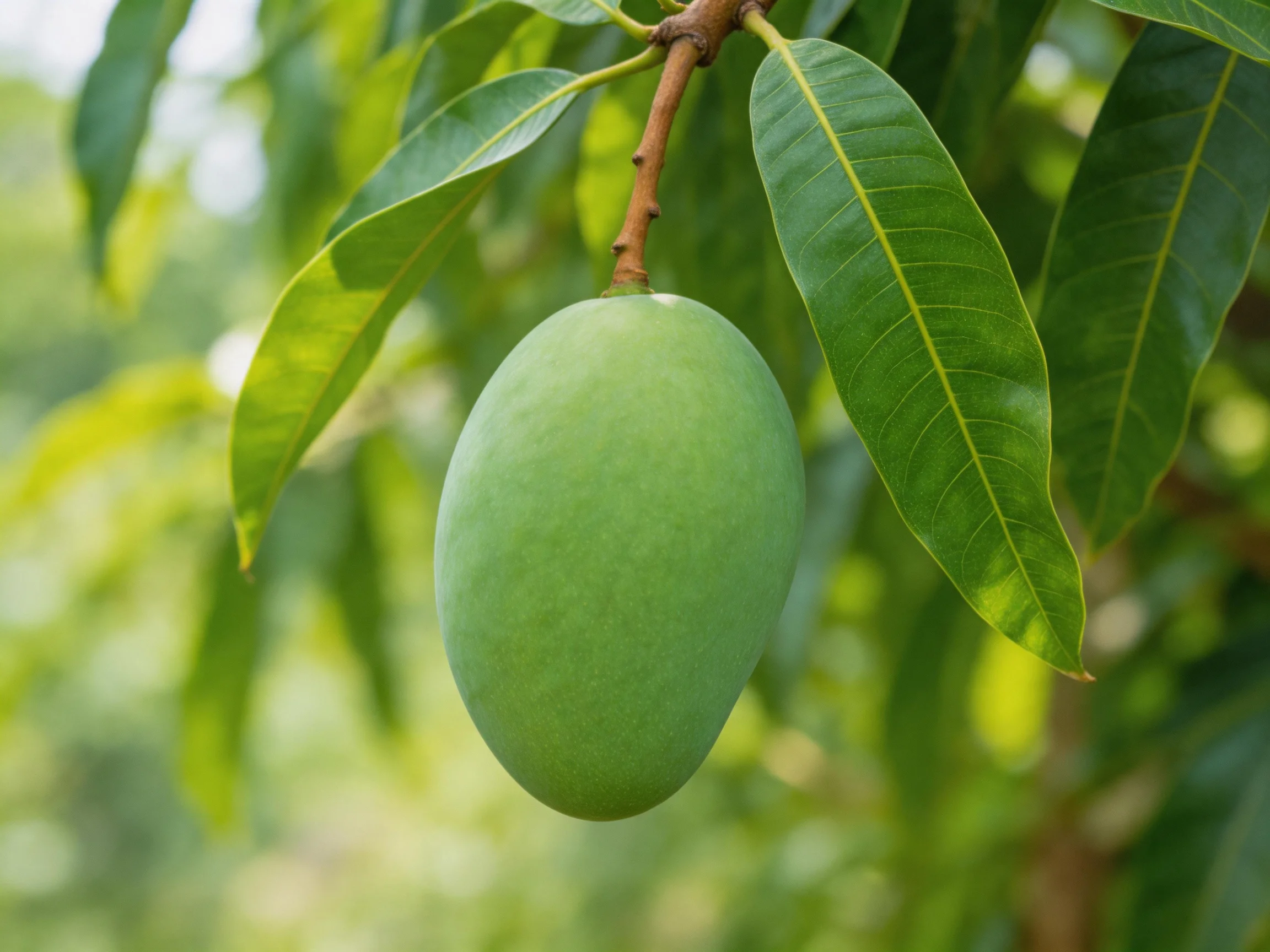 A single unripe green mango dangles from a brown tree branch