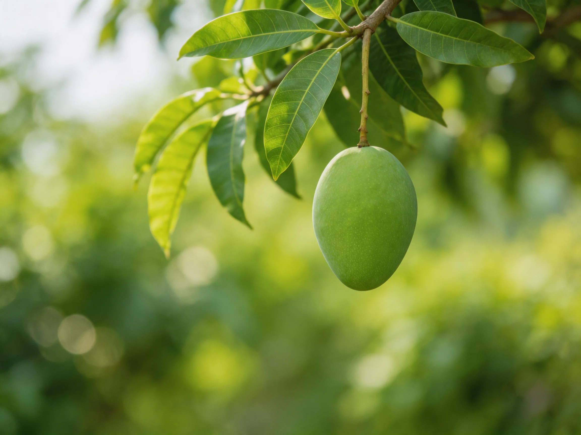 A single unripe green mango hangs from a leafy tree branch
