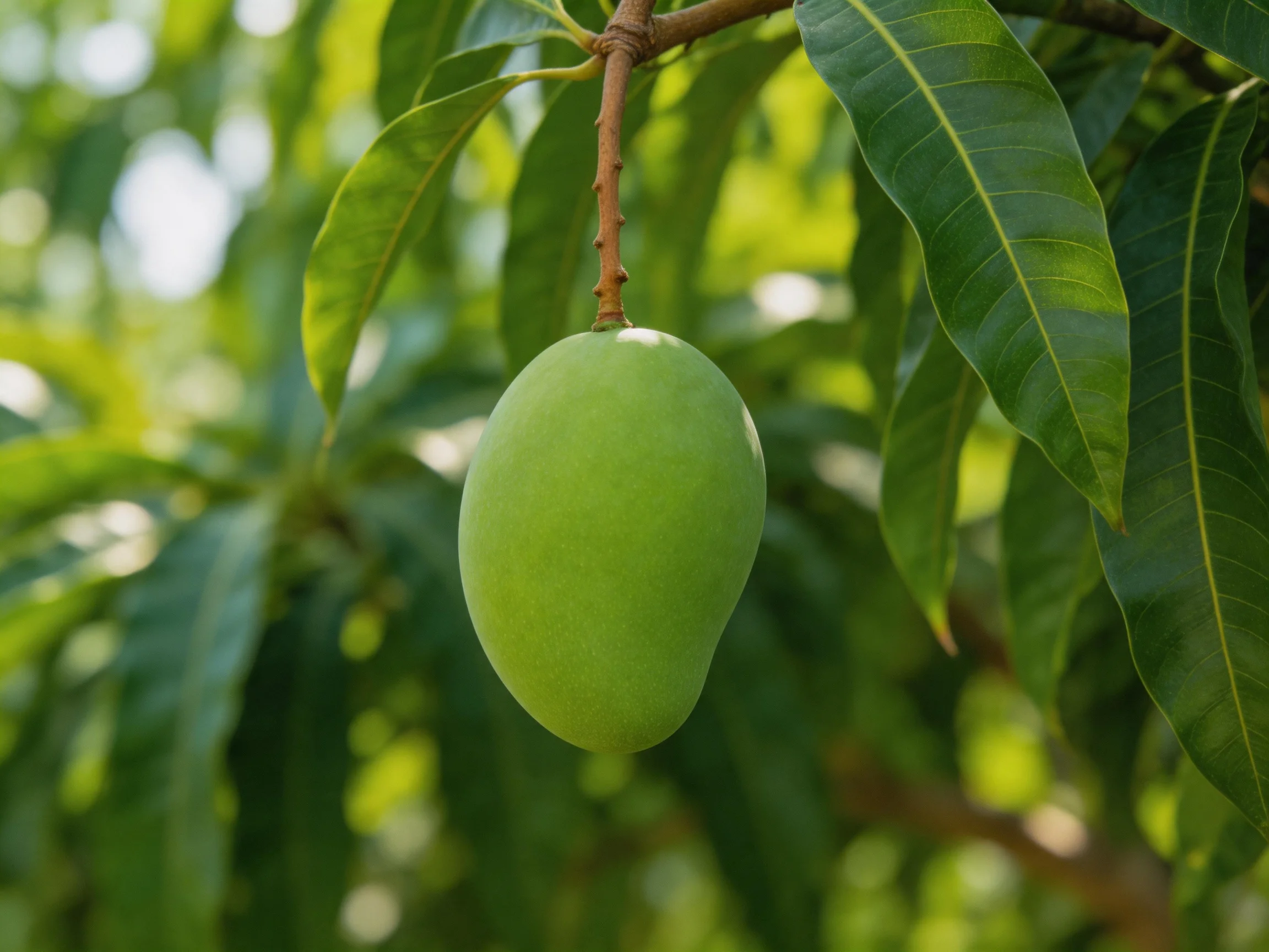 A single unripe green mango hangs from a tree branch among lush foliage