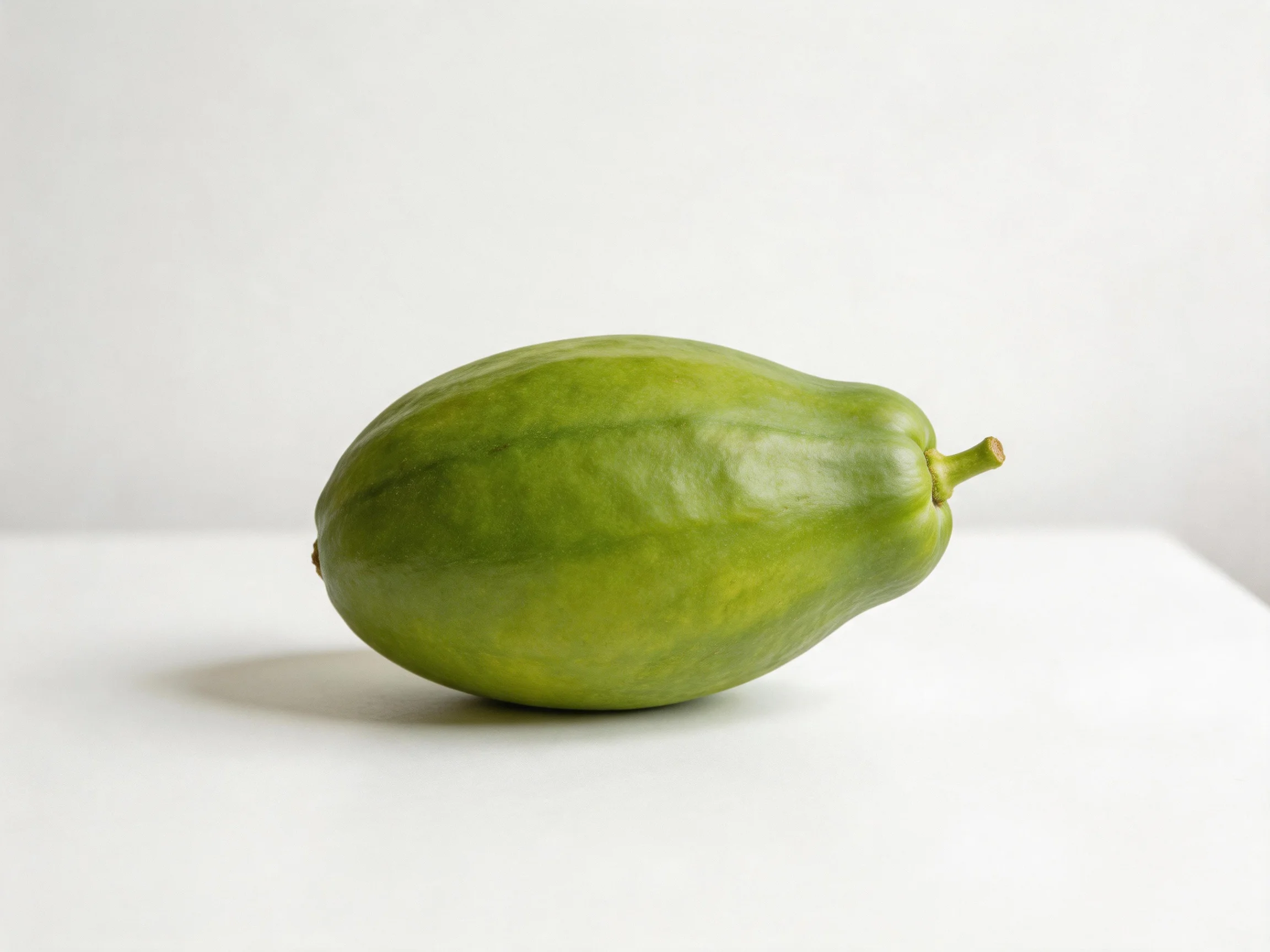 A single unripe green papaya resting on a white surface