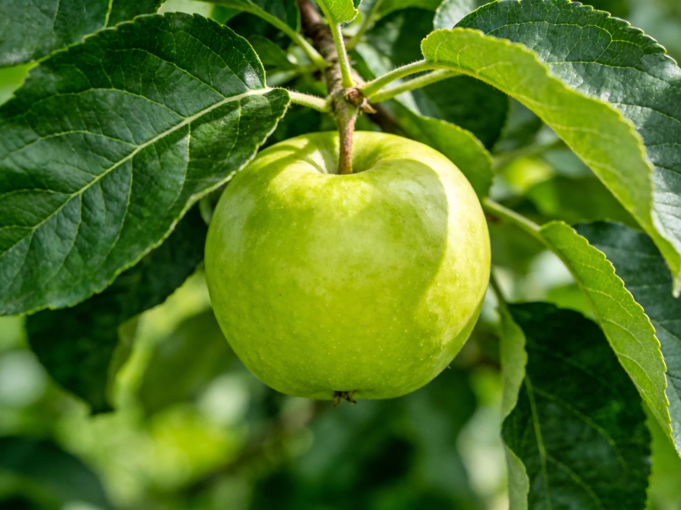 A single vibrant green apple hangs among lush dark-green leaves