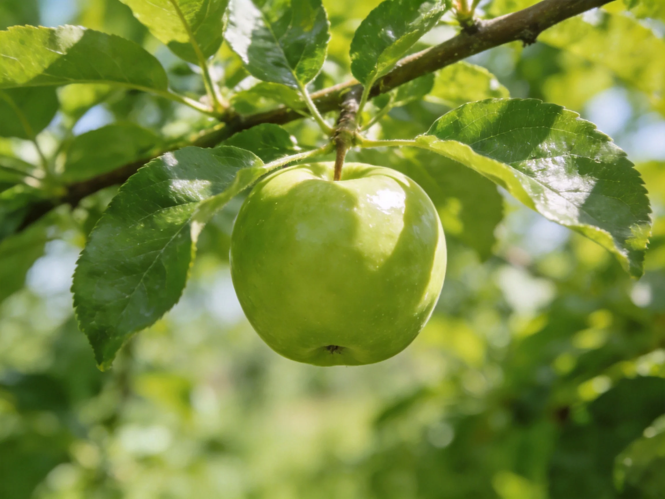 A single vibrant green apple hangs from a tree branch amid lush green leaves