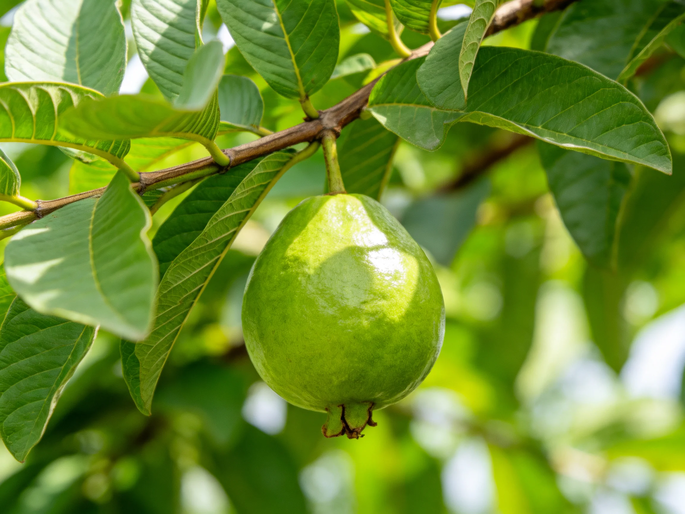A single vibrant green guava hangs from a leafy branch