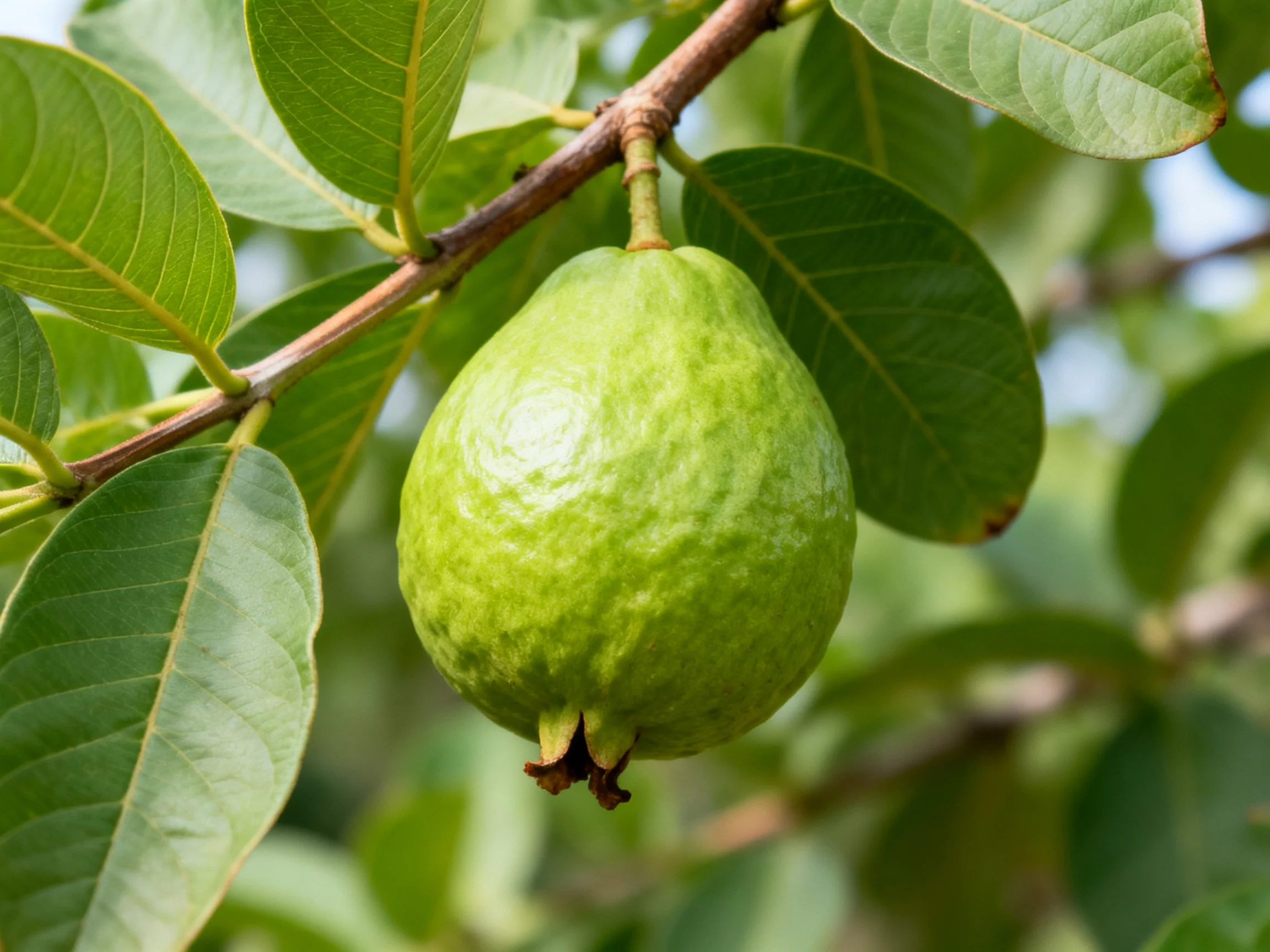 A single vibrant green guava hangs from a tree branch