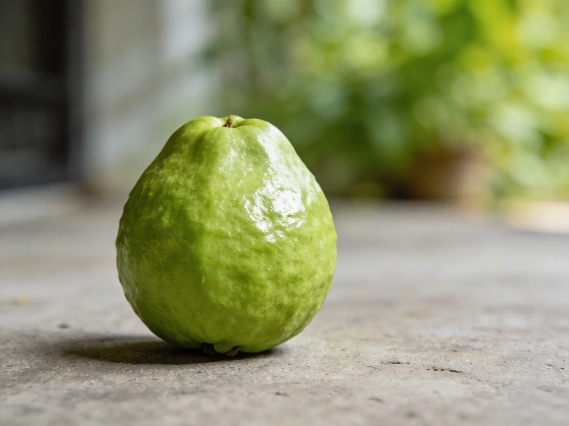 A single vibrant green guava rests on a smooth concrete surface