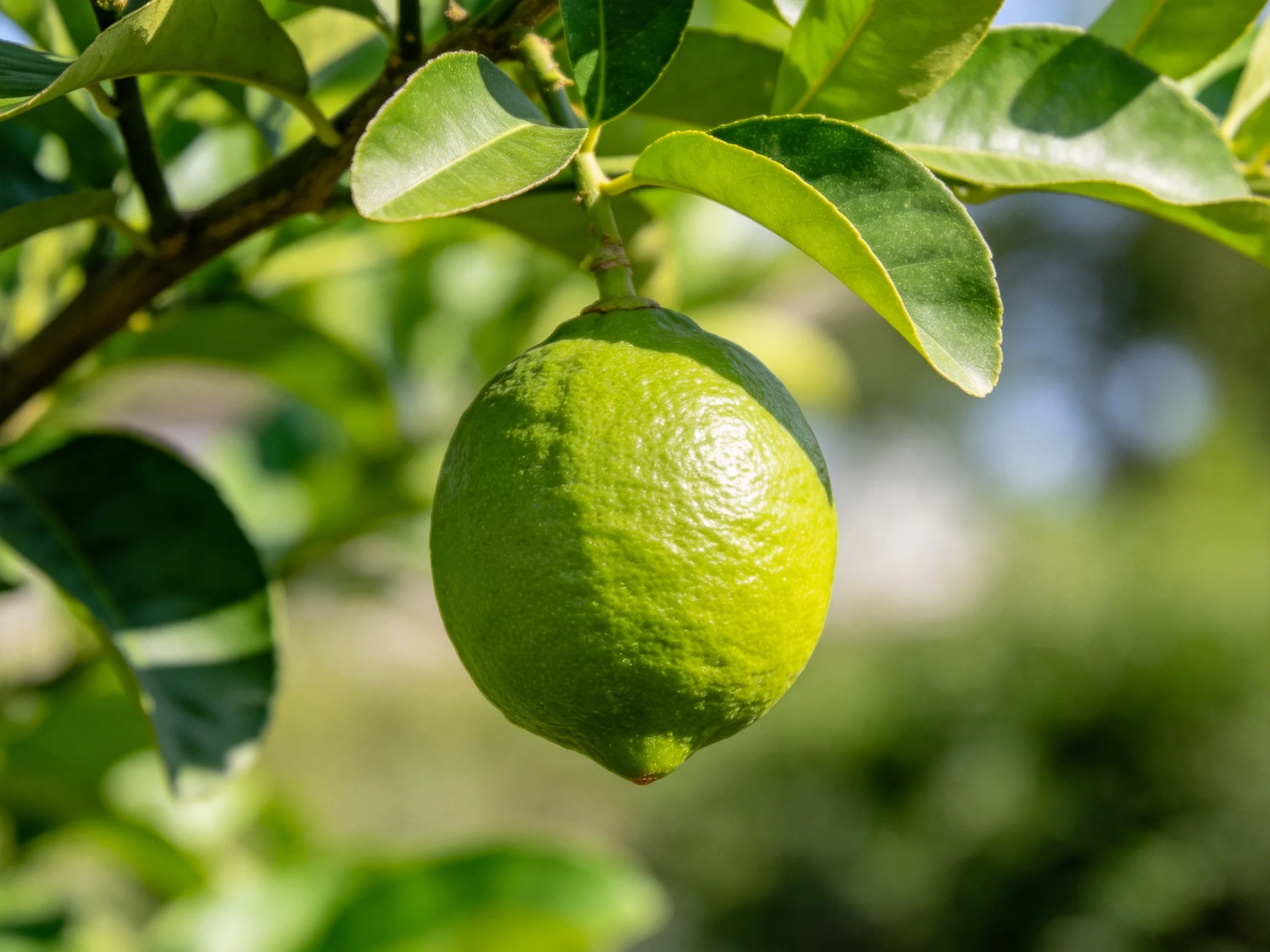 A single vibrant green lime hangs from a leafy citrus branch