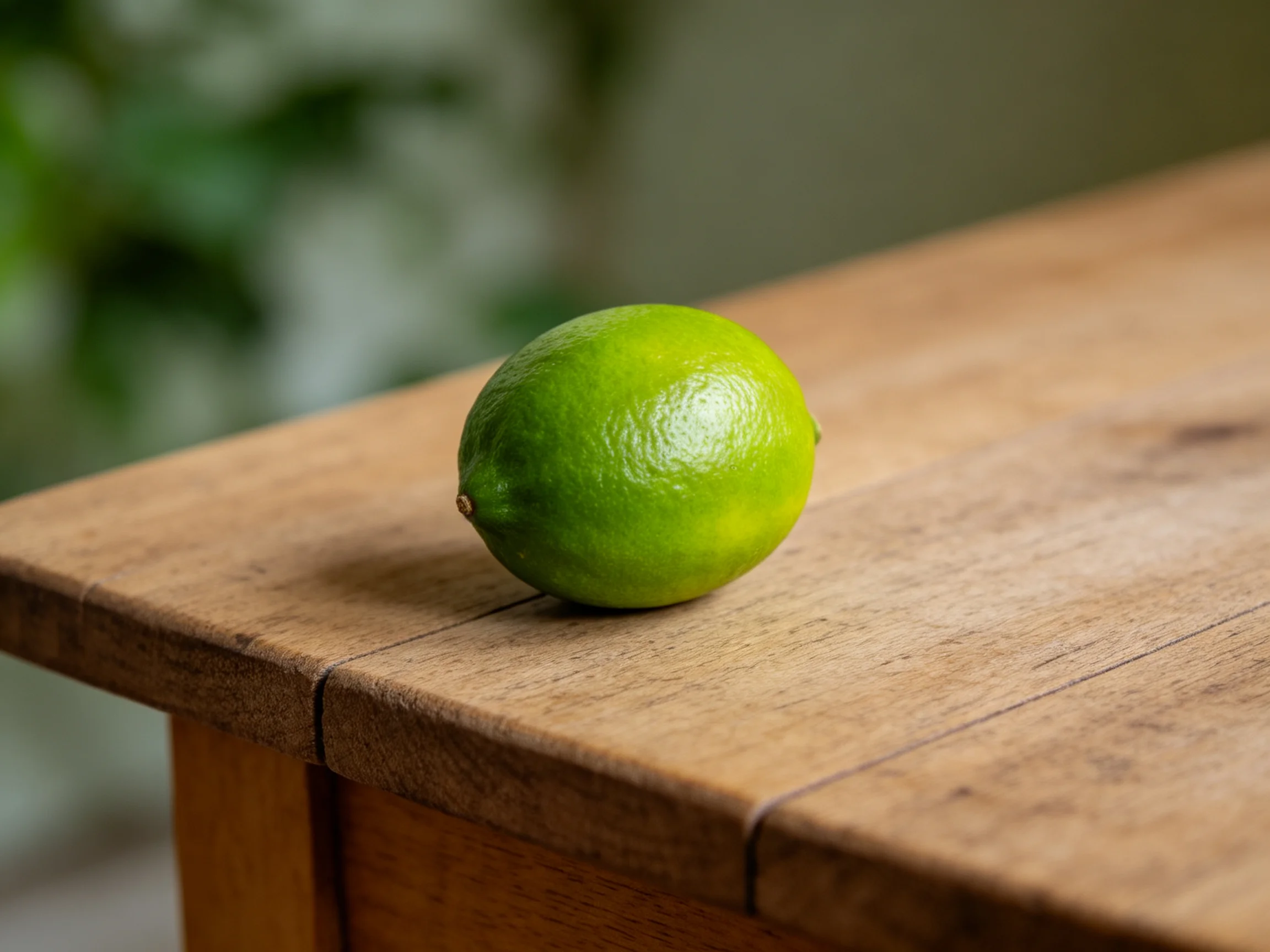 A single vibrant green lime rests on a weathered wooden surface.