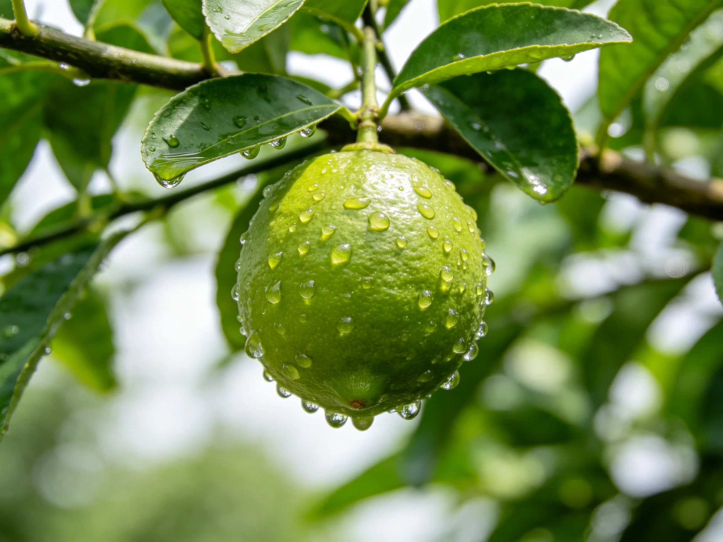 A single vibrant green lime with glistening water droplets hangs from a leafy branch