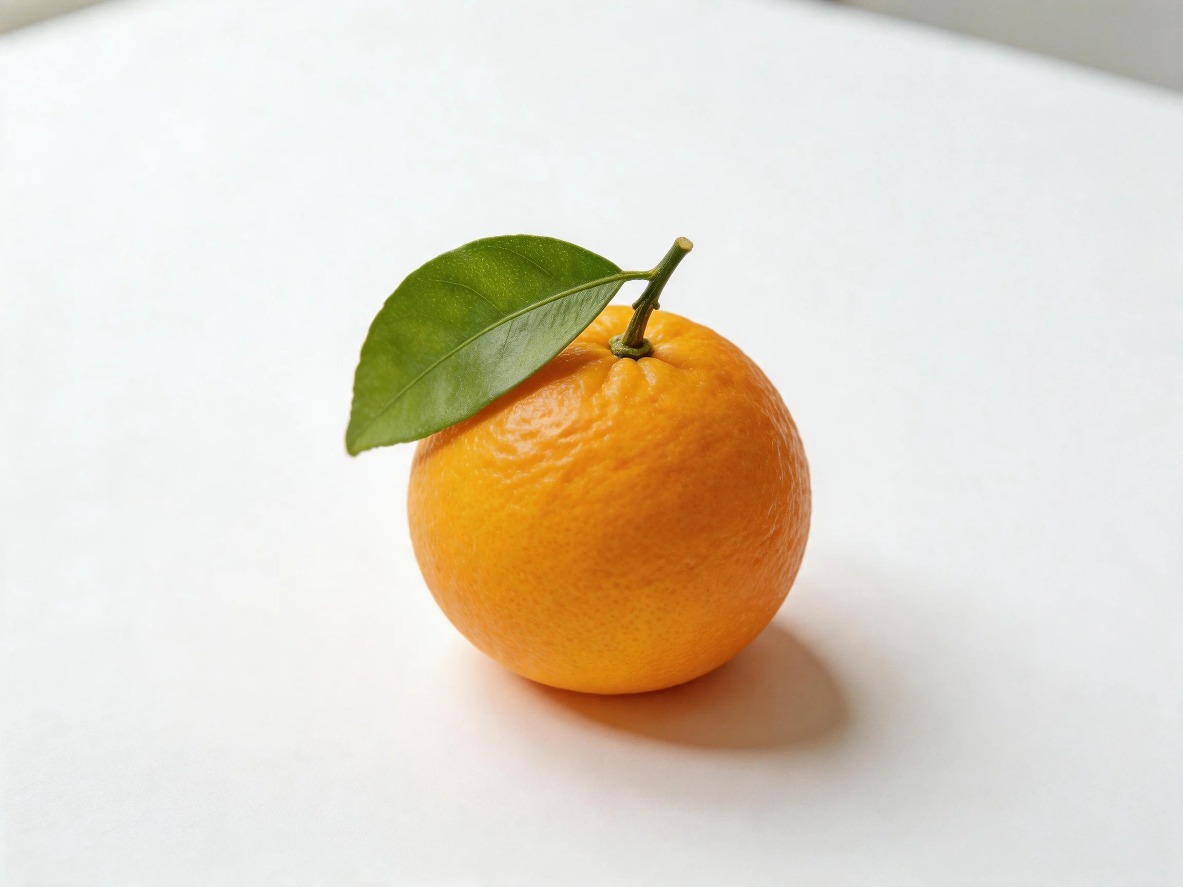 A single vibrant orange citrus fruit with a fresh green leaf