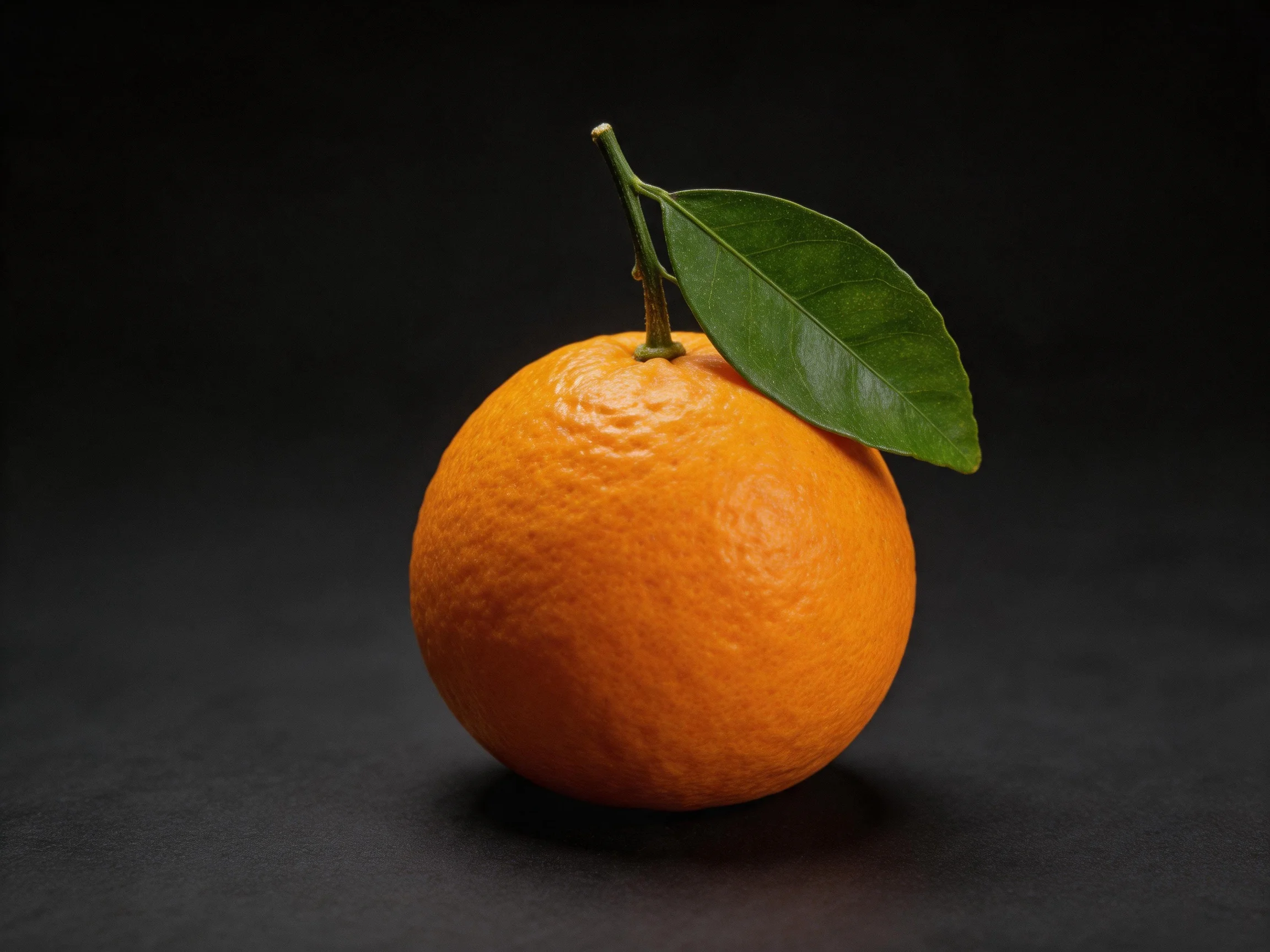 A single vibrant orange citrus fruit with a green leaf on a dark surface