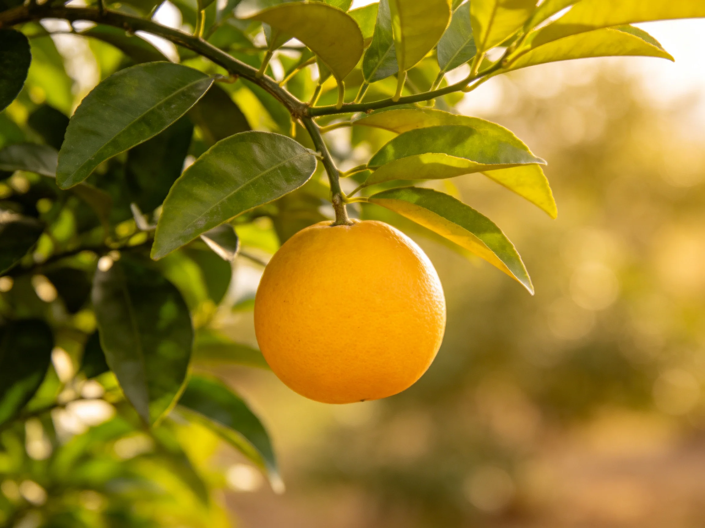 A single vibrant orange dangles from a leafy citrus branch