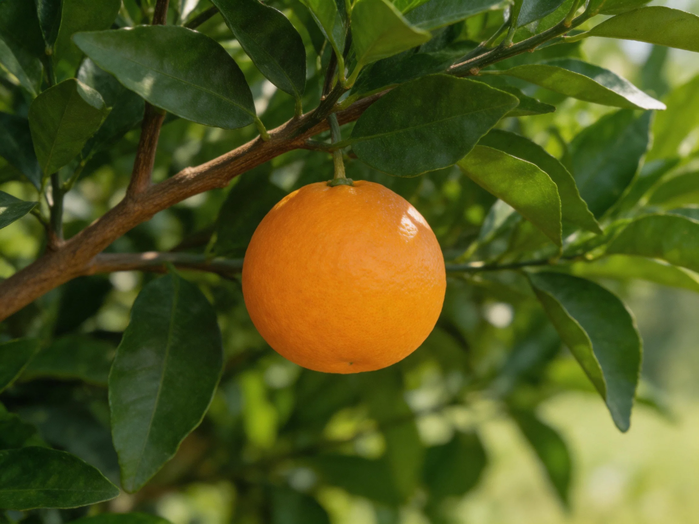 A single vibrant orange dangles from a leafy citrus branch