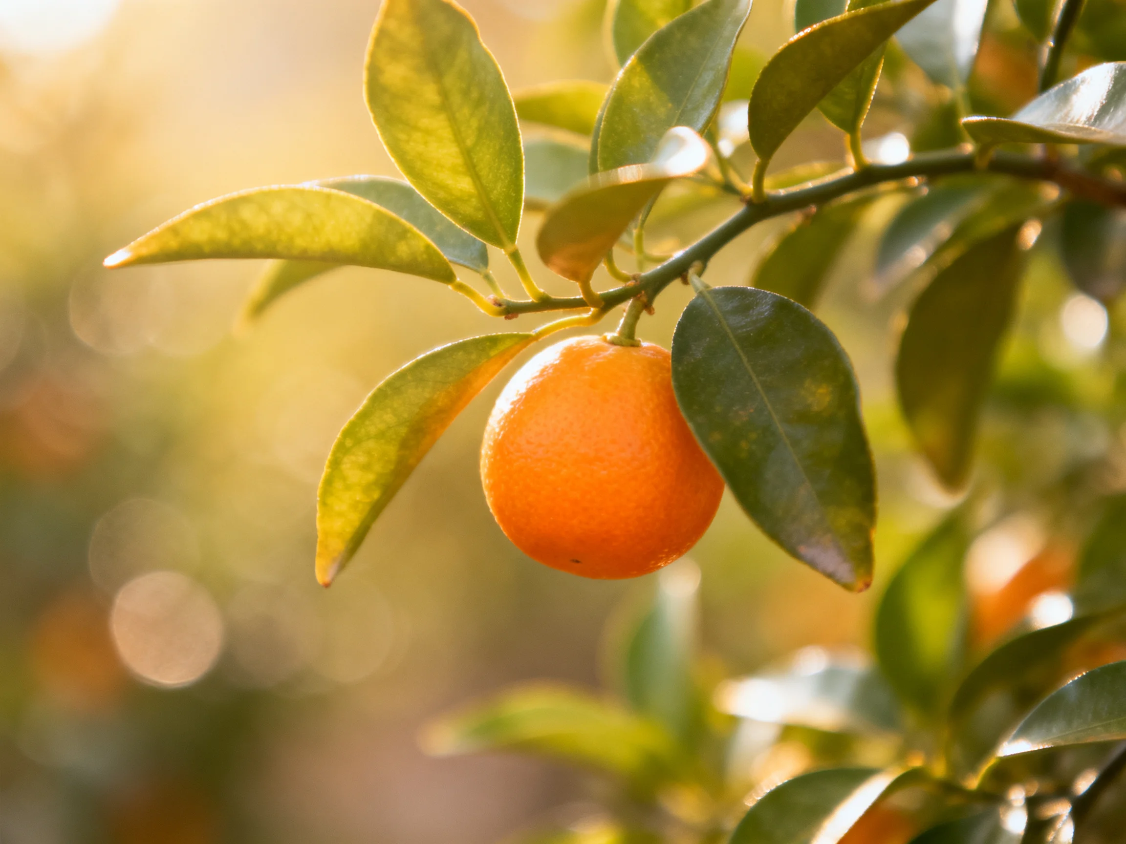 A single vibrant orange fruit hangs from a leafy branch in soft sunlight