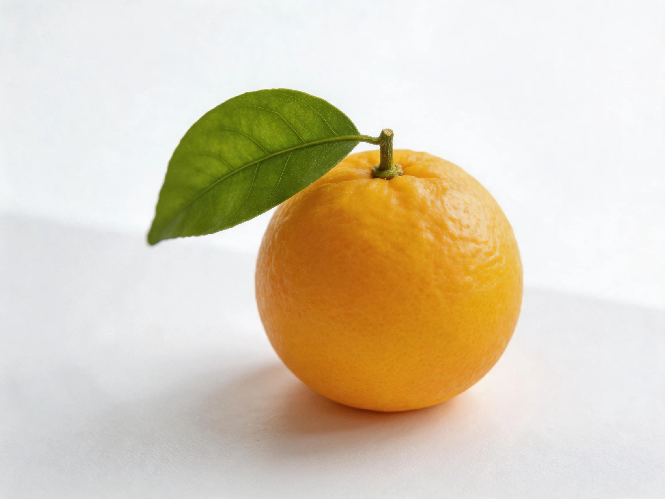 A single vibrant orange fruit with a green leaf attached