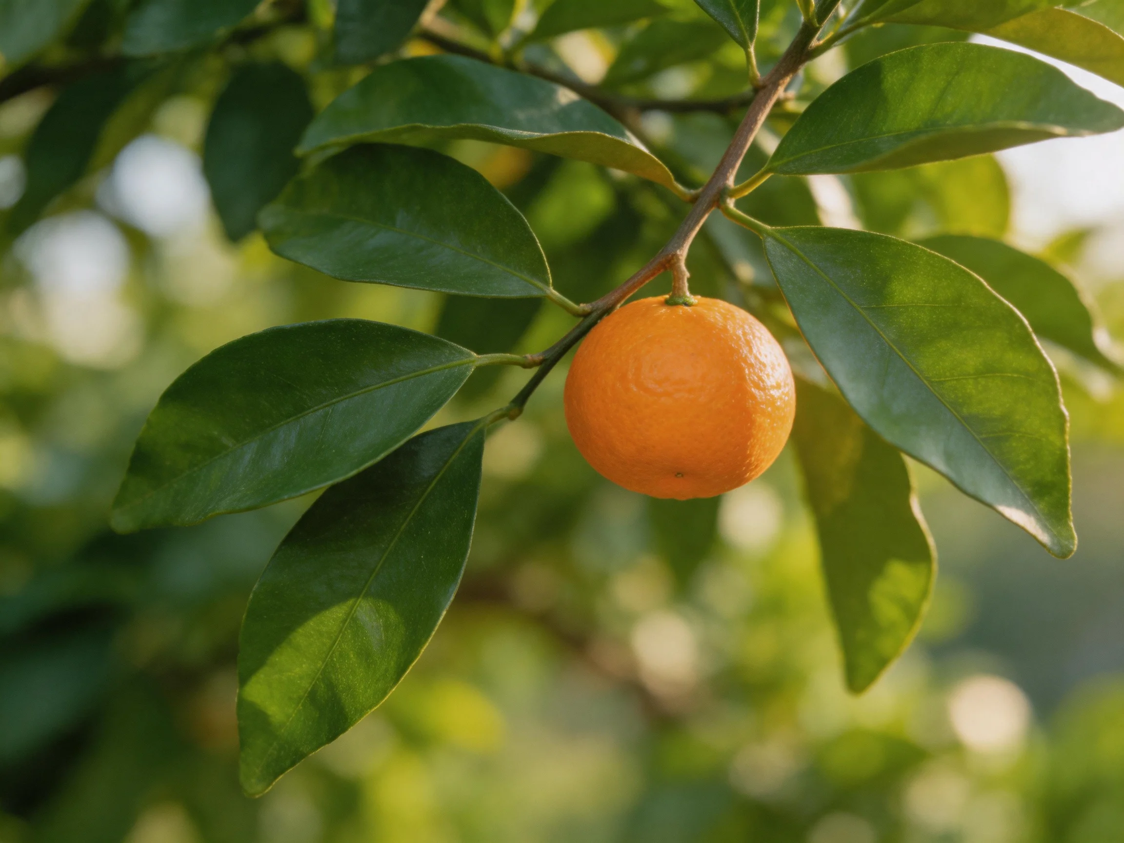 A single vibrant orange grows among lush green citrus leaves