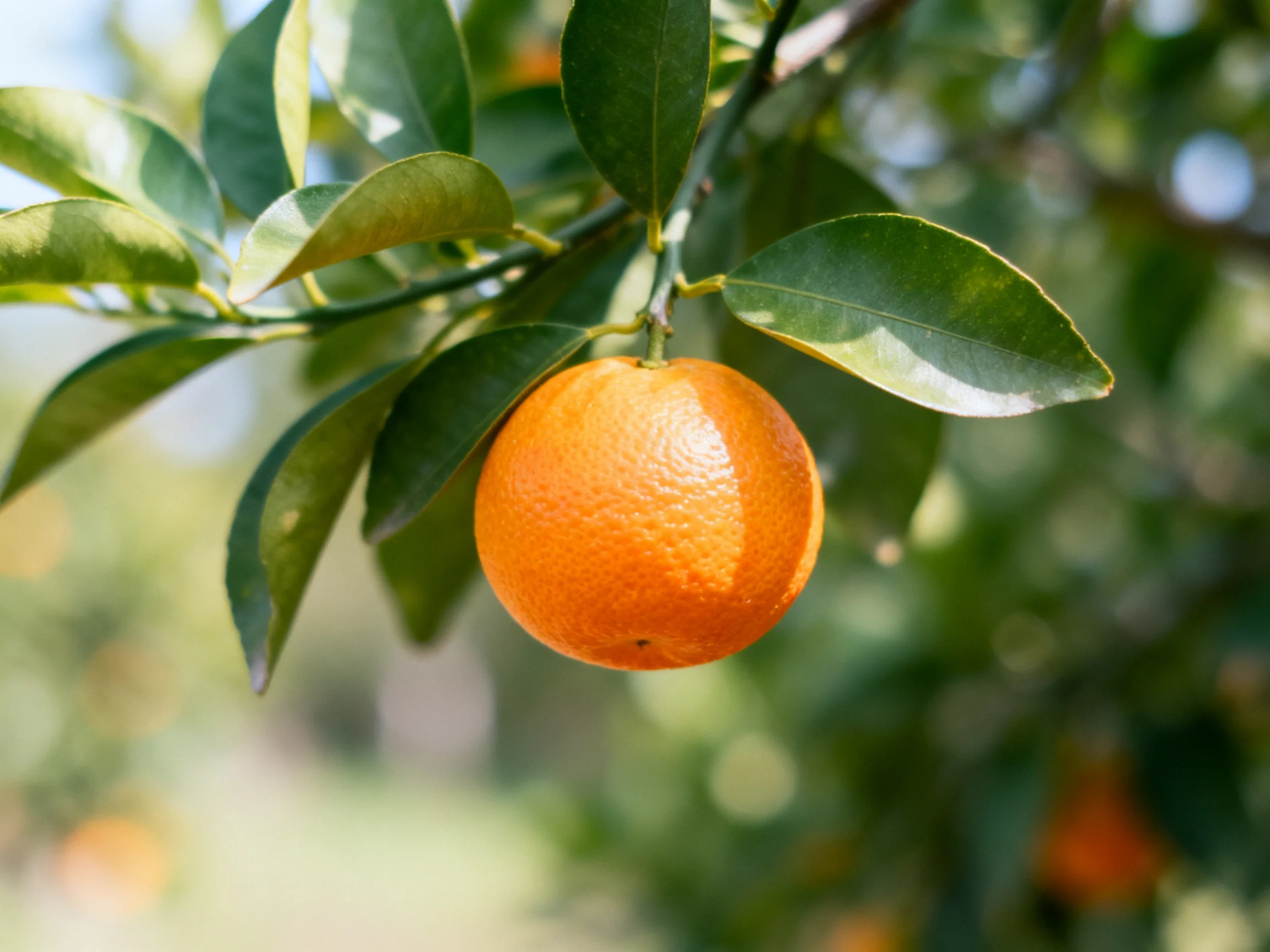 A single vibrant orange grows on leafy citrus branches