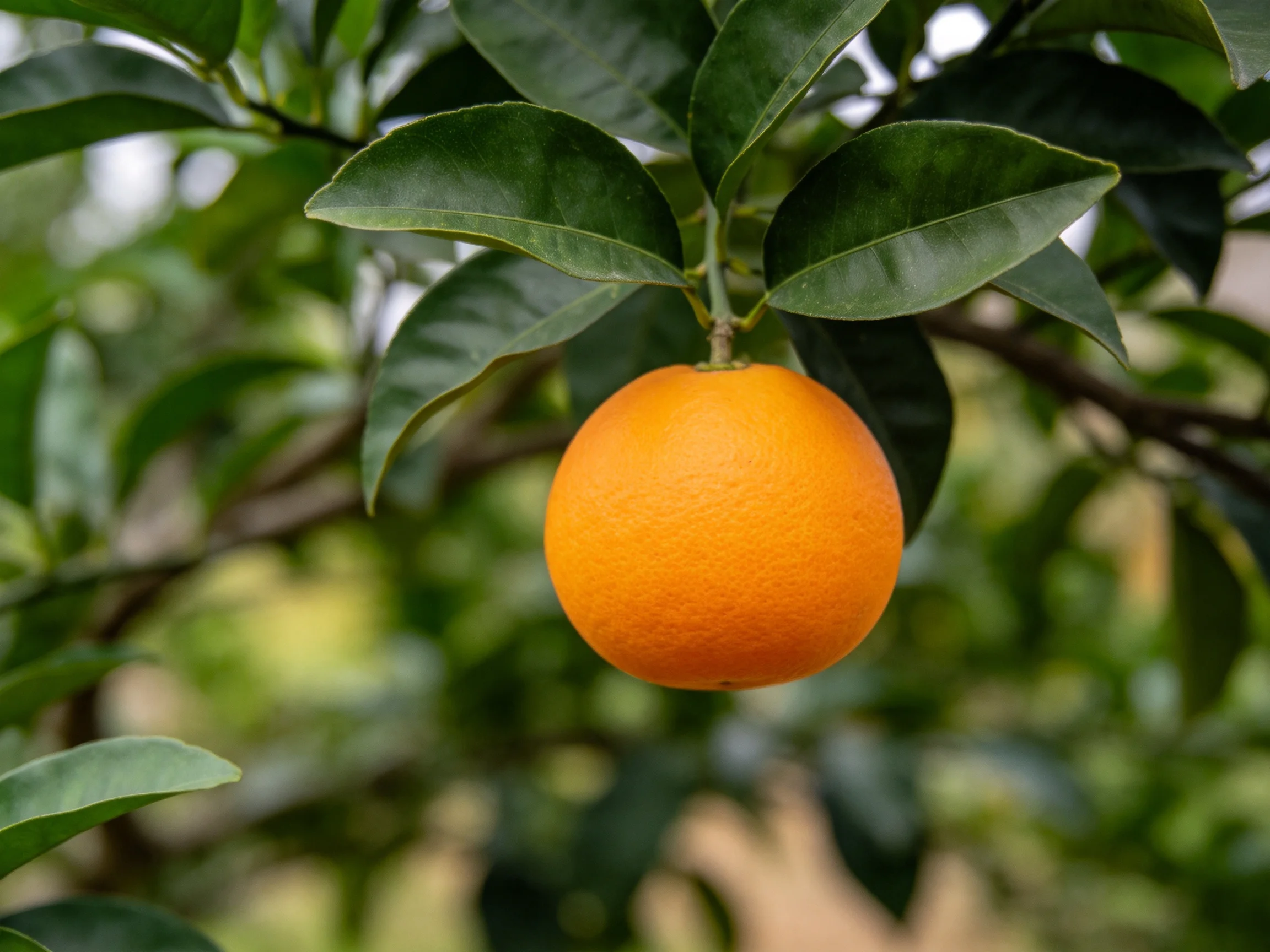 A single vibrant orange hangs amid lush green citrus
