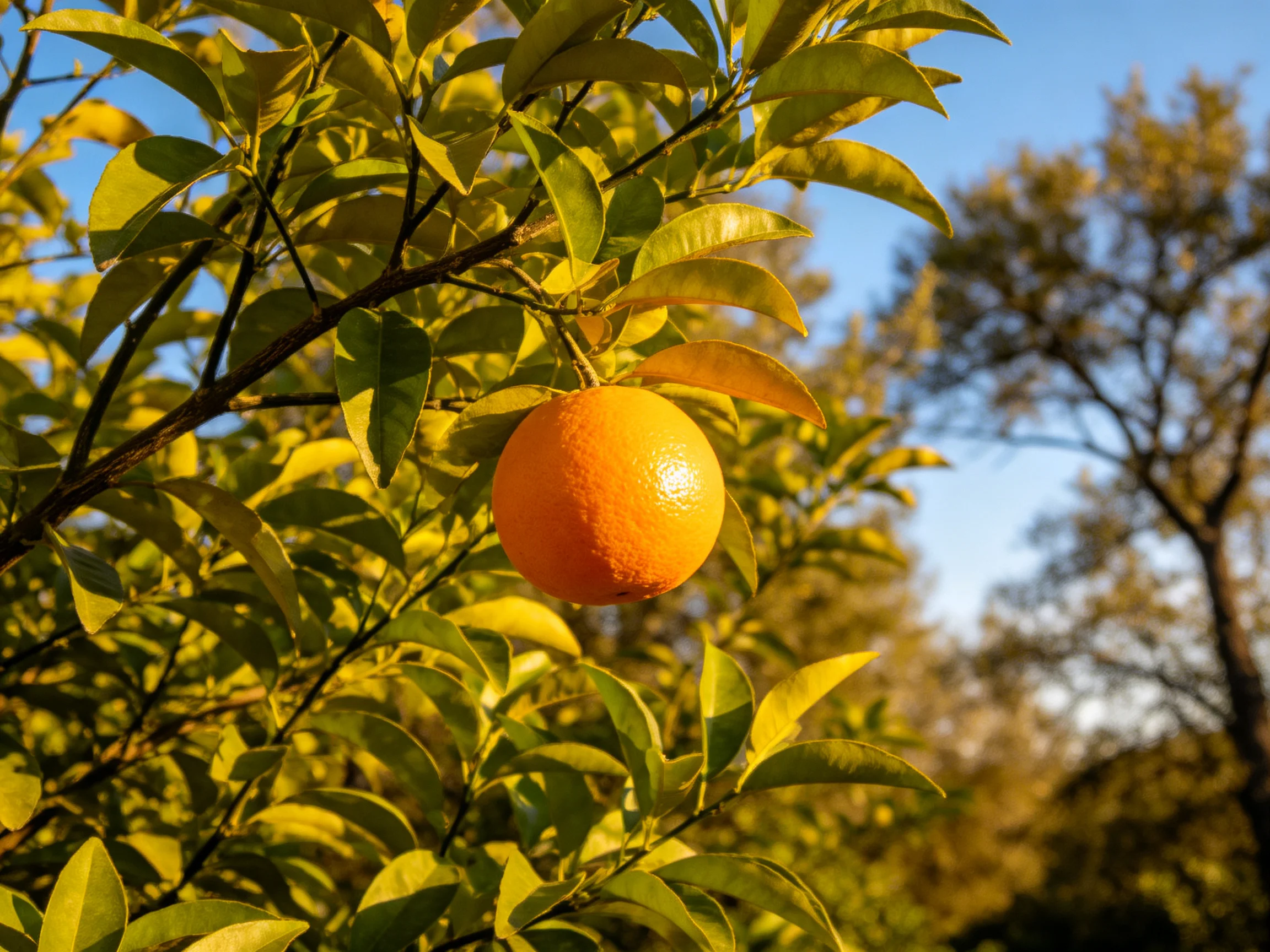 A single vibrant orange hangs from a leaf-covered citrus branch under clear blue sky