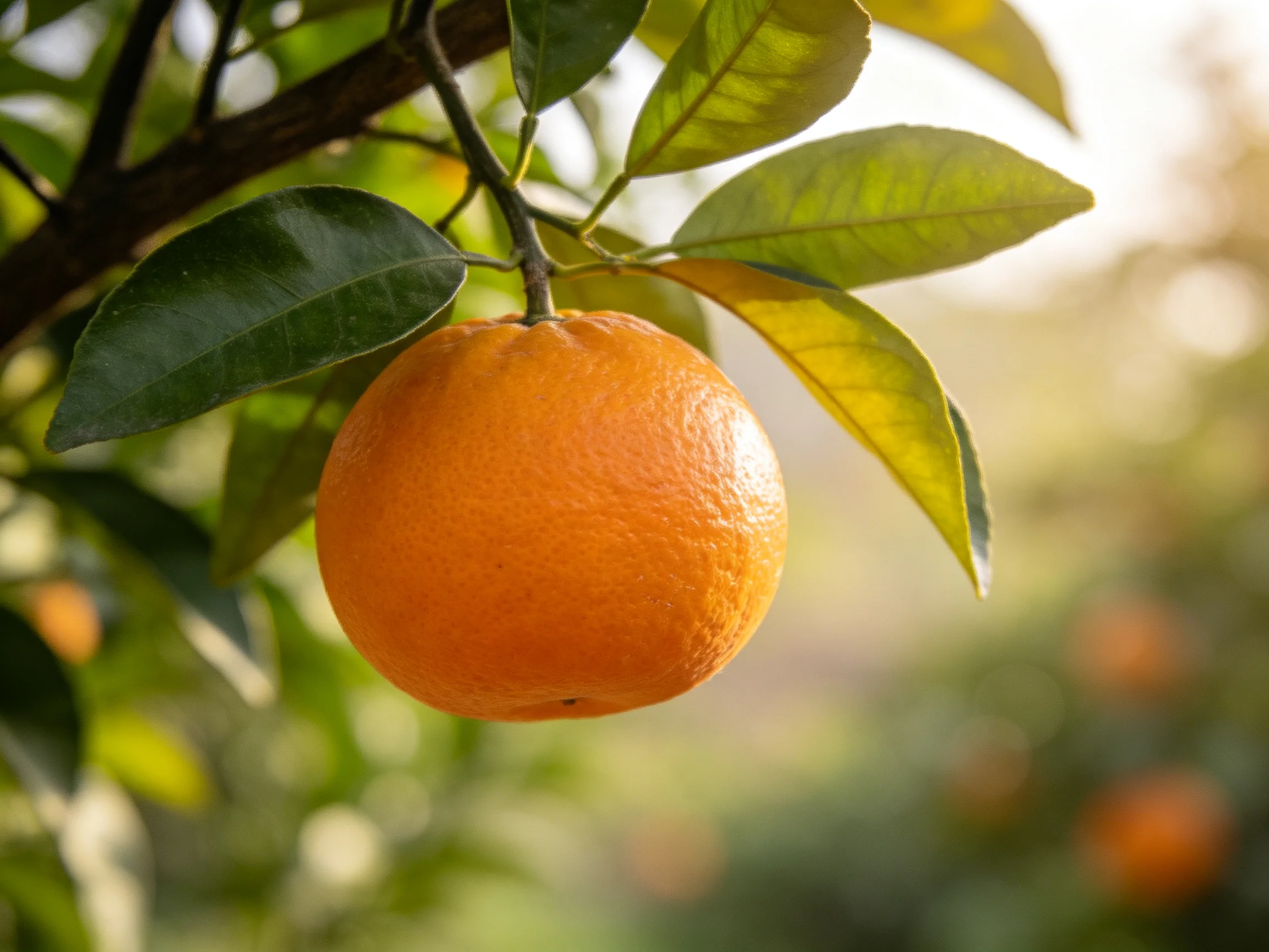 A single vibrant orange hangs from a leafy citrus branch