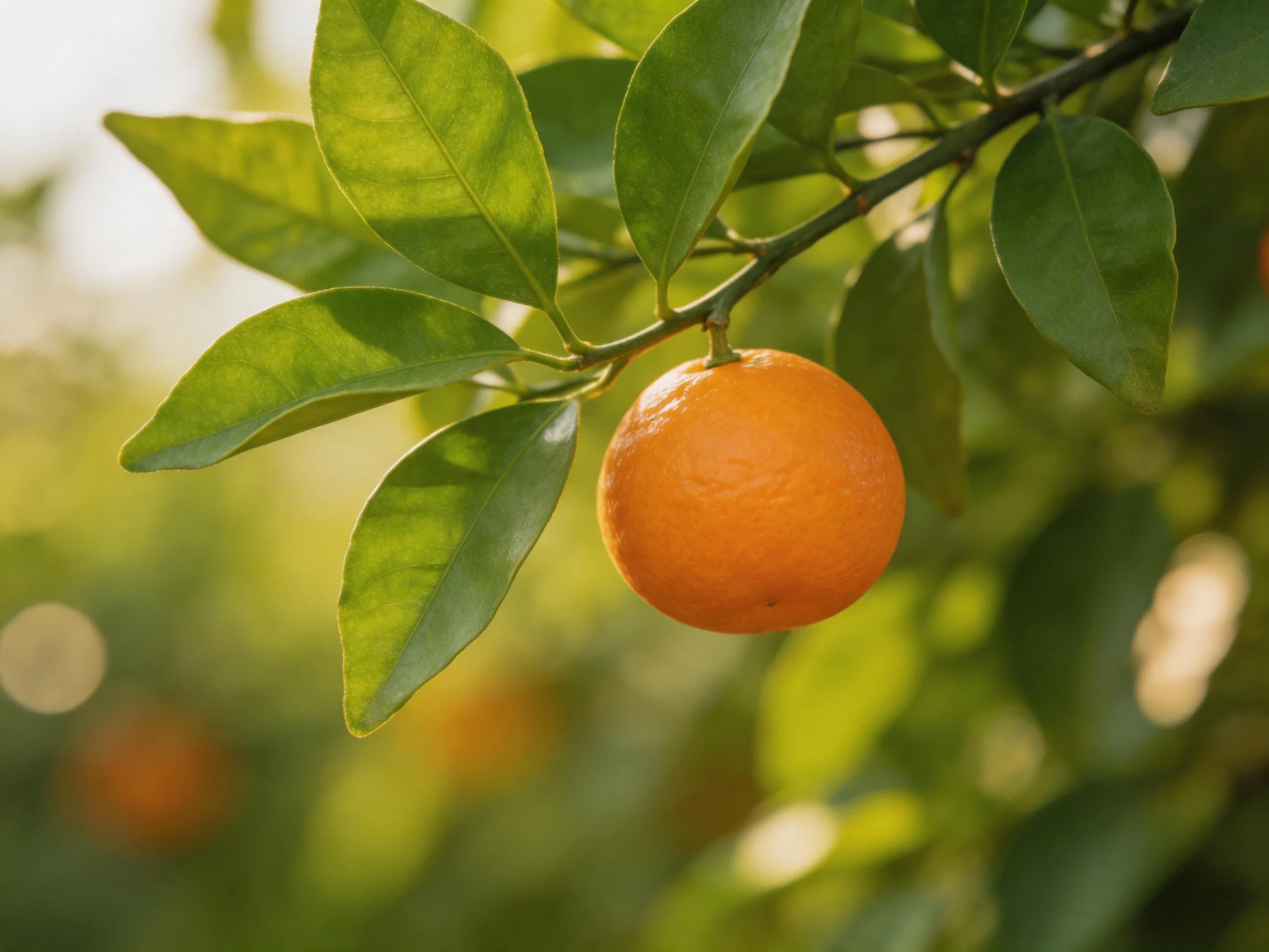 A single vibrant orange hangs from a leafy citrus branch