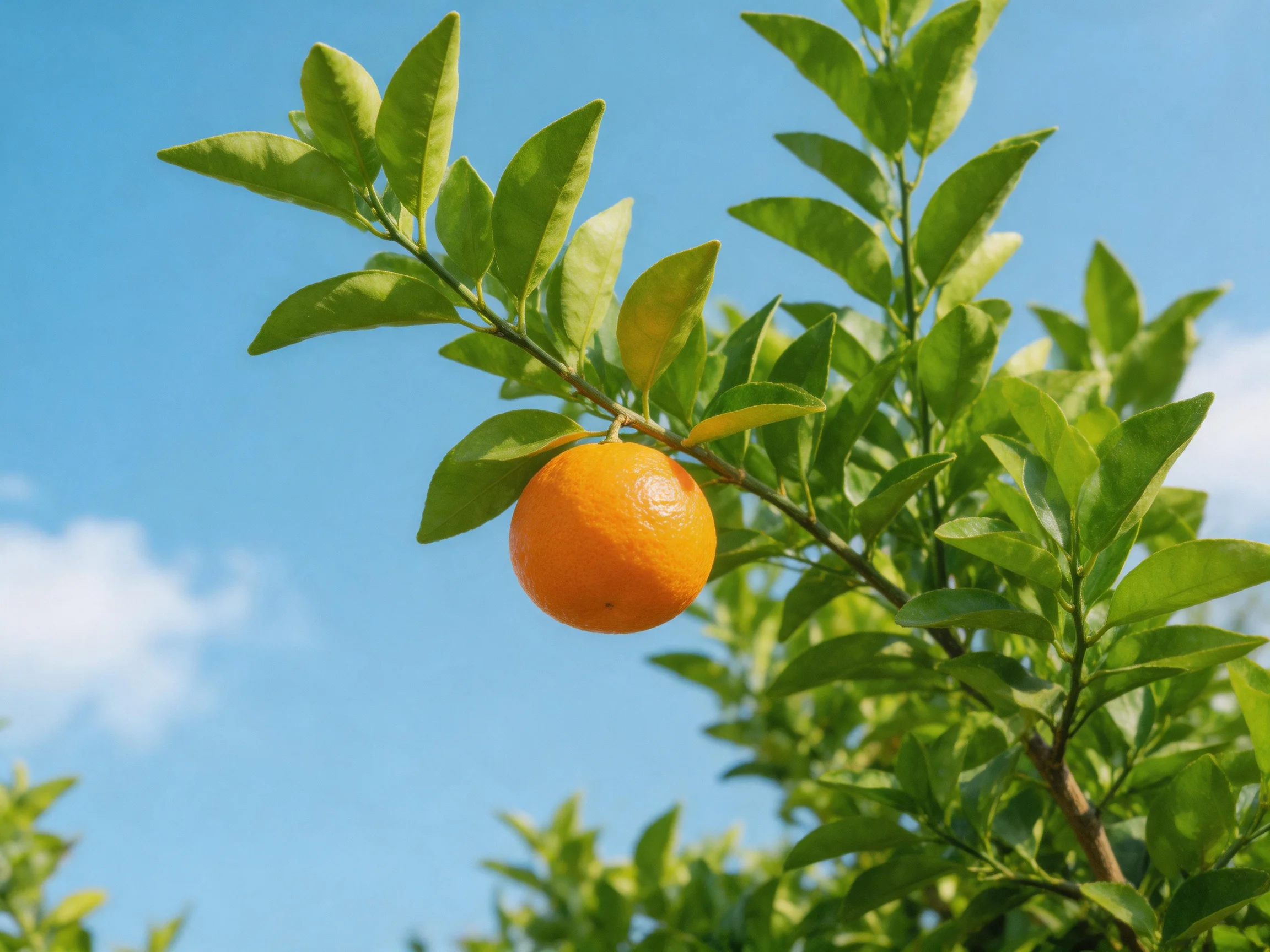 A single vibrant orange hangs from a leafy tree branch against a clear blue sky
