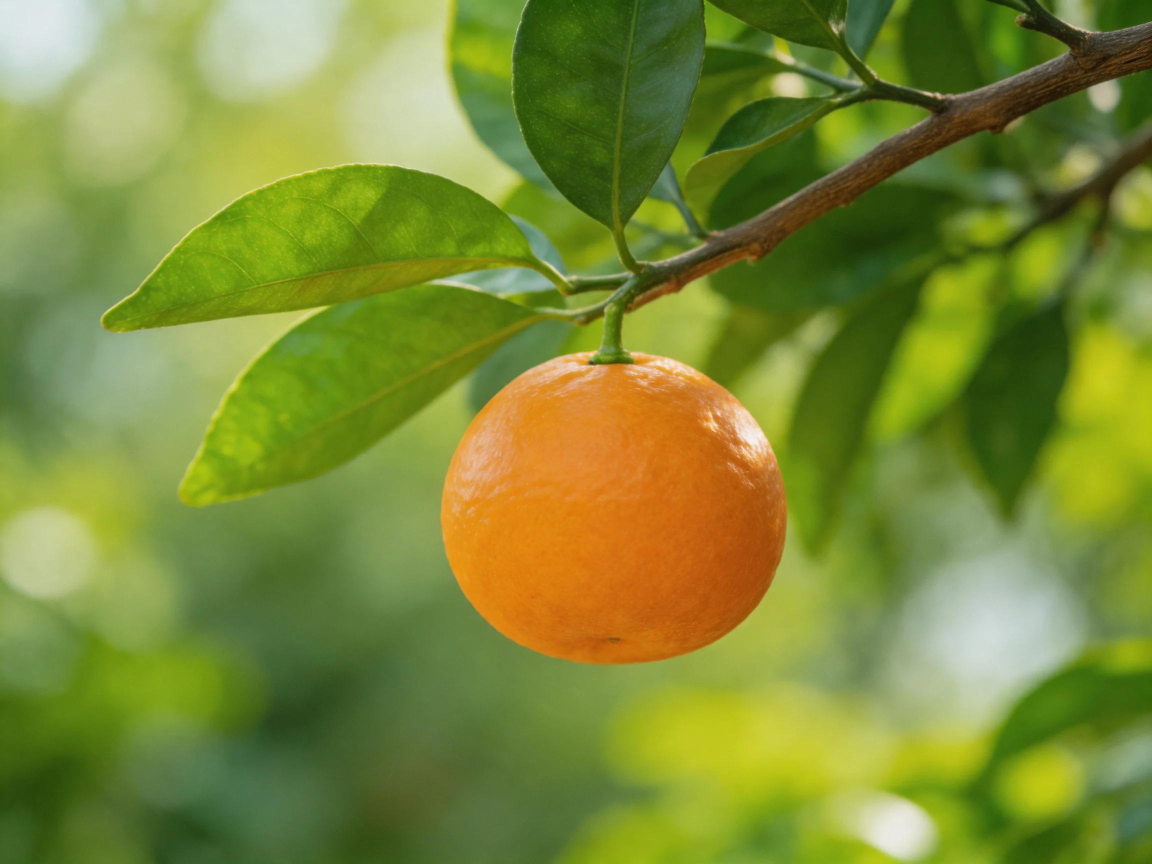 A single vibrant orange hangs from a tree branch amid lush green foliage