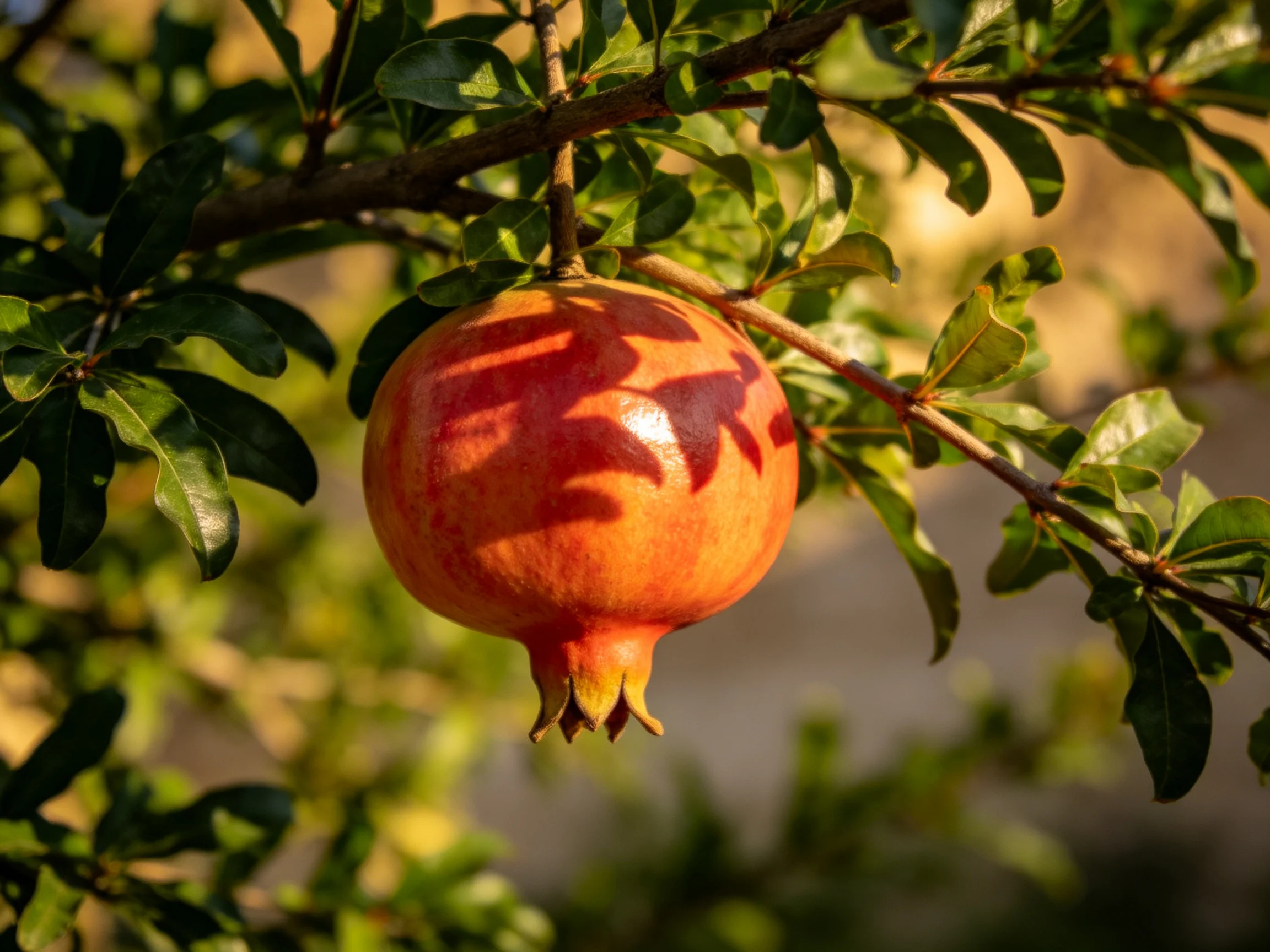 A single vibrant orange pomegranate hangs from a leafy branch
