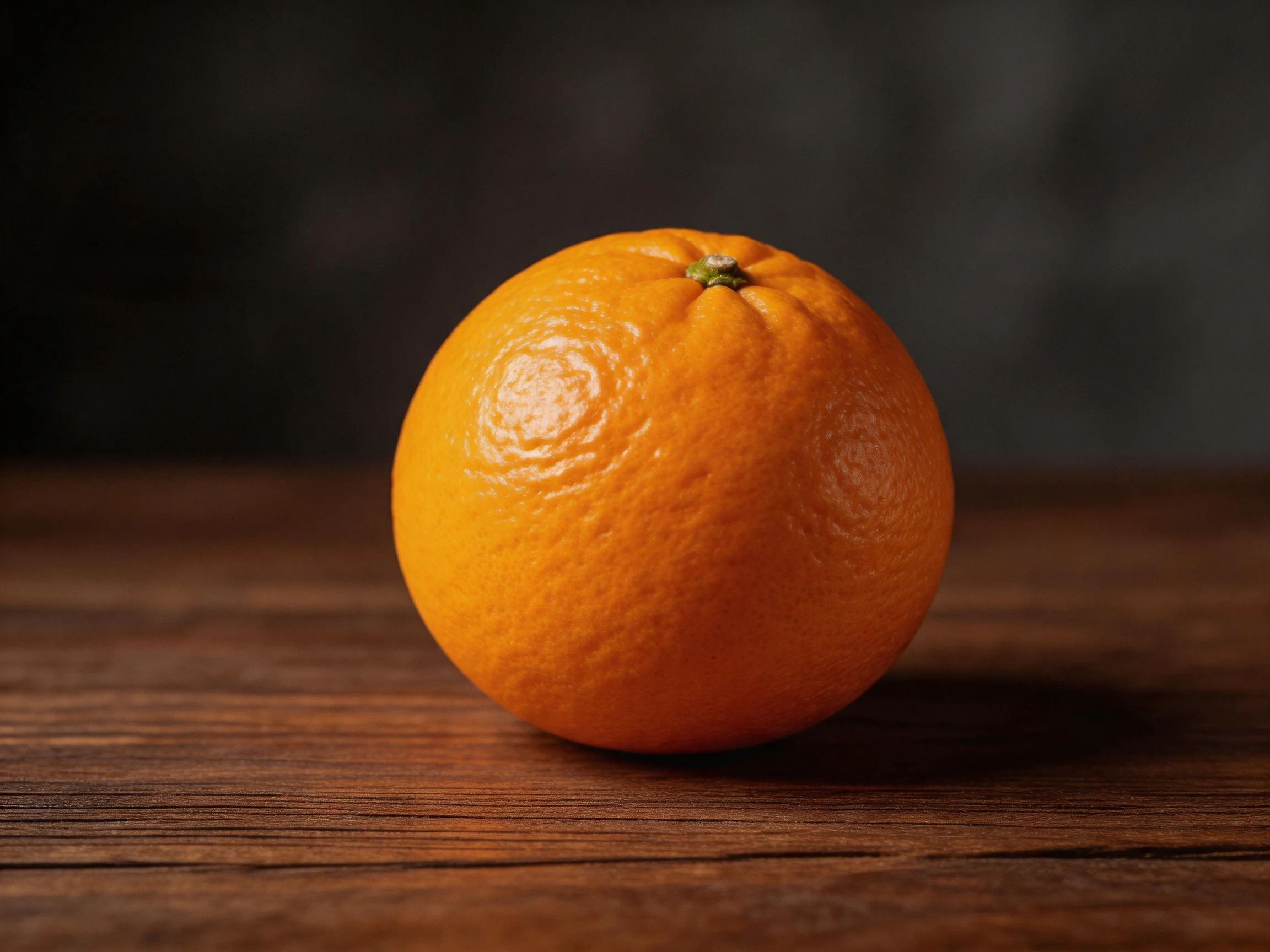 A single vibrant orange resting on a wooden surface
