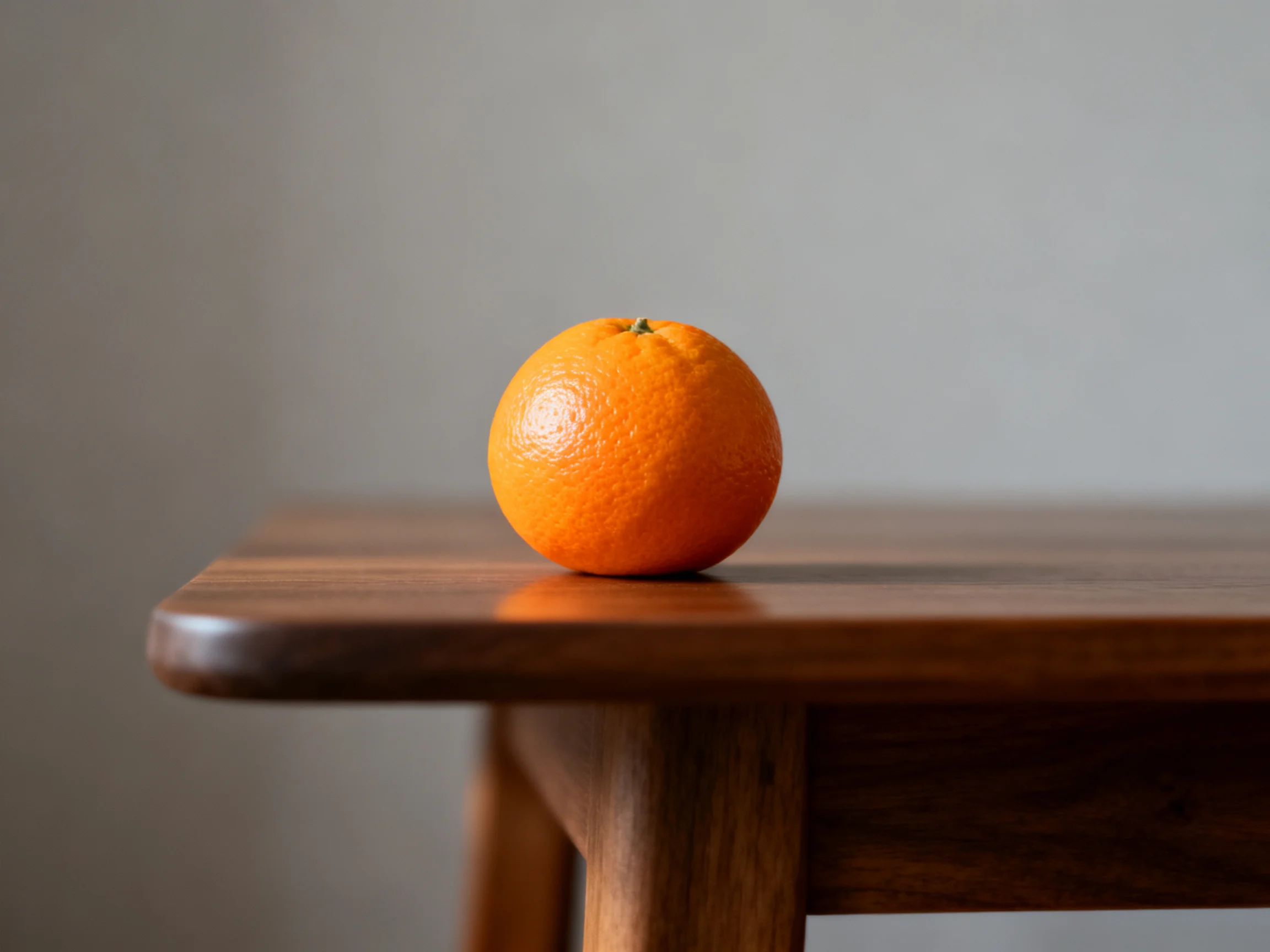 A single vibrant orange rests on a polished brown wooden table