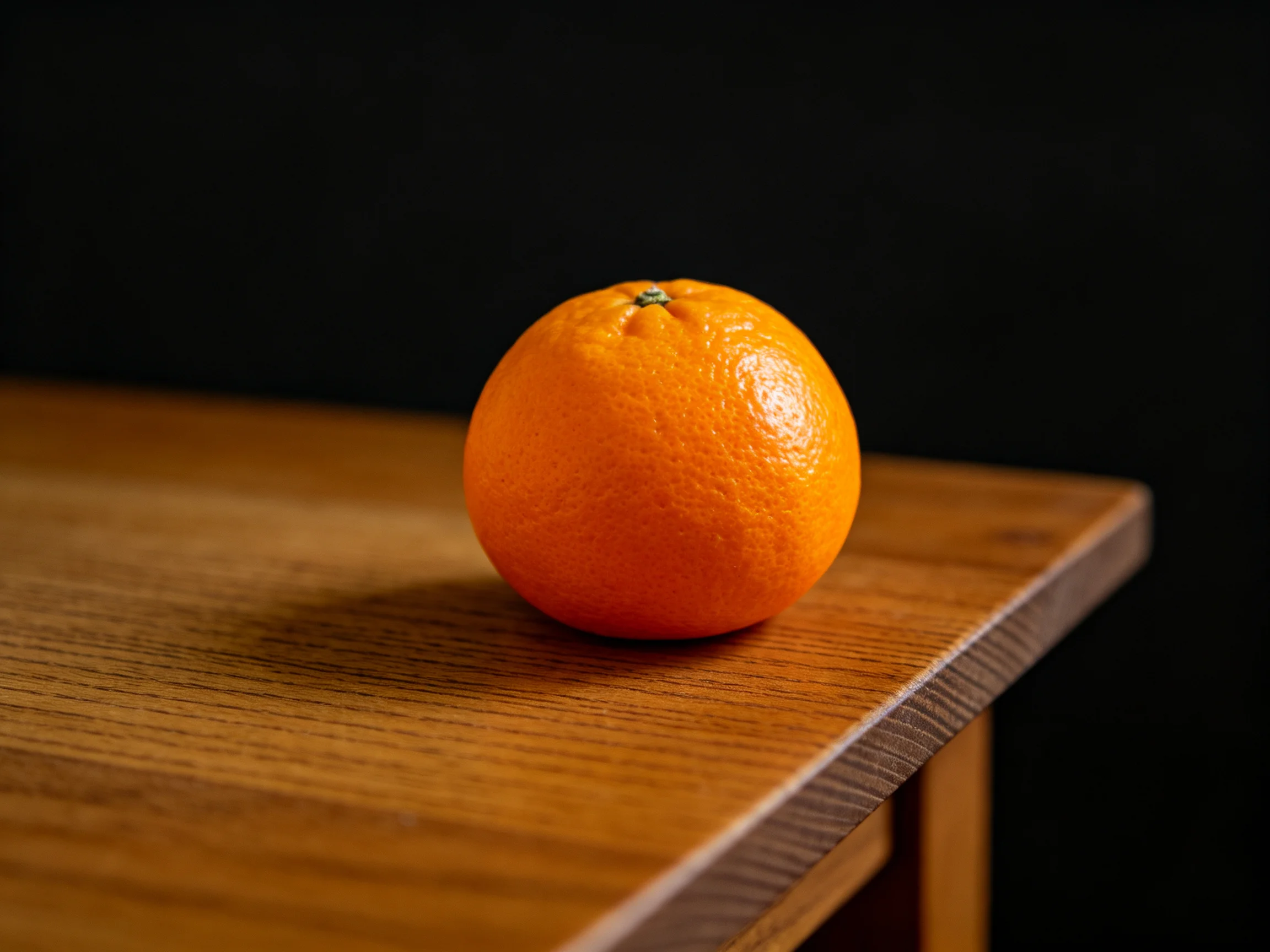 A single vibrant orange rests on a polished wooden table with a dark backdrop