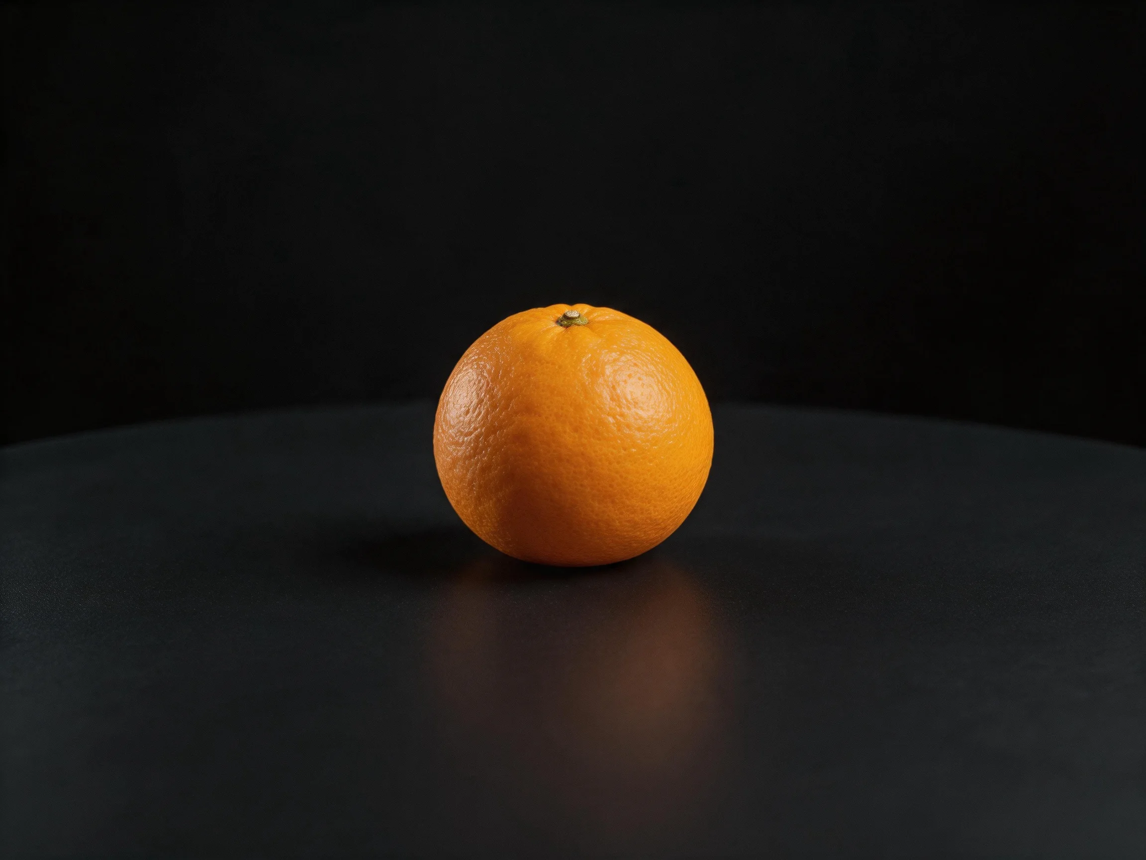 A single vibrant orange rests on a sleek black surface