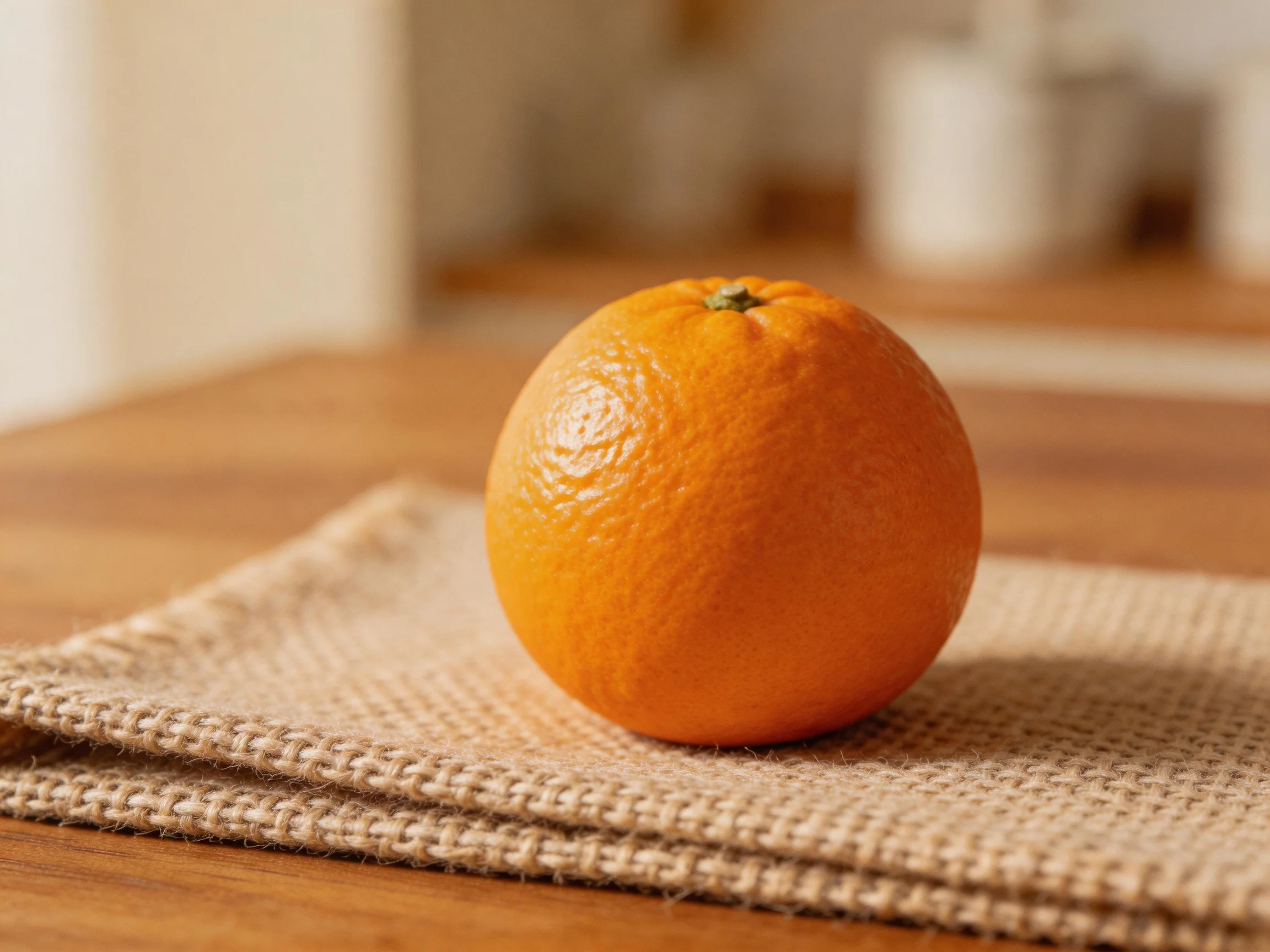 A single vibrant orange rests on a textured burlap mat over a wooden surface
