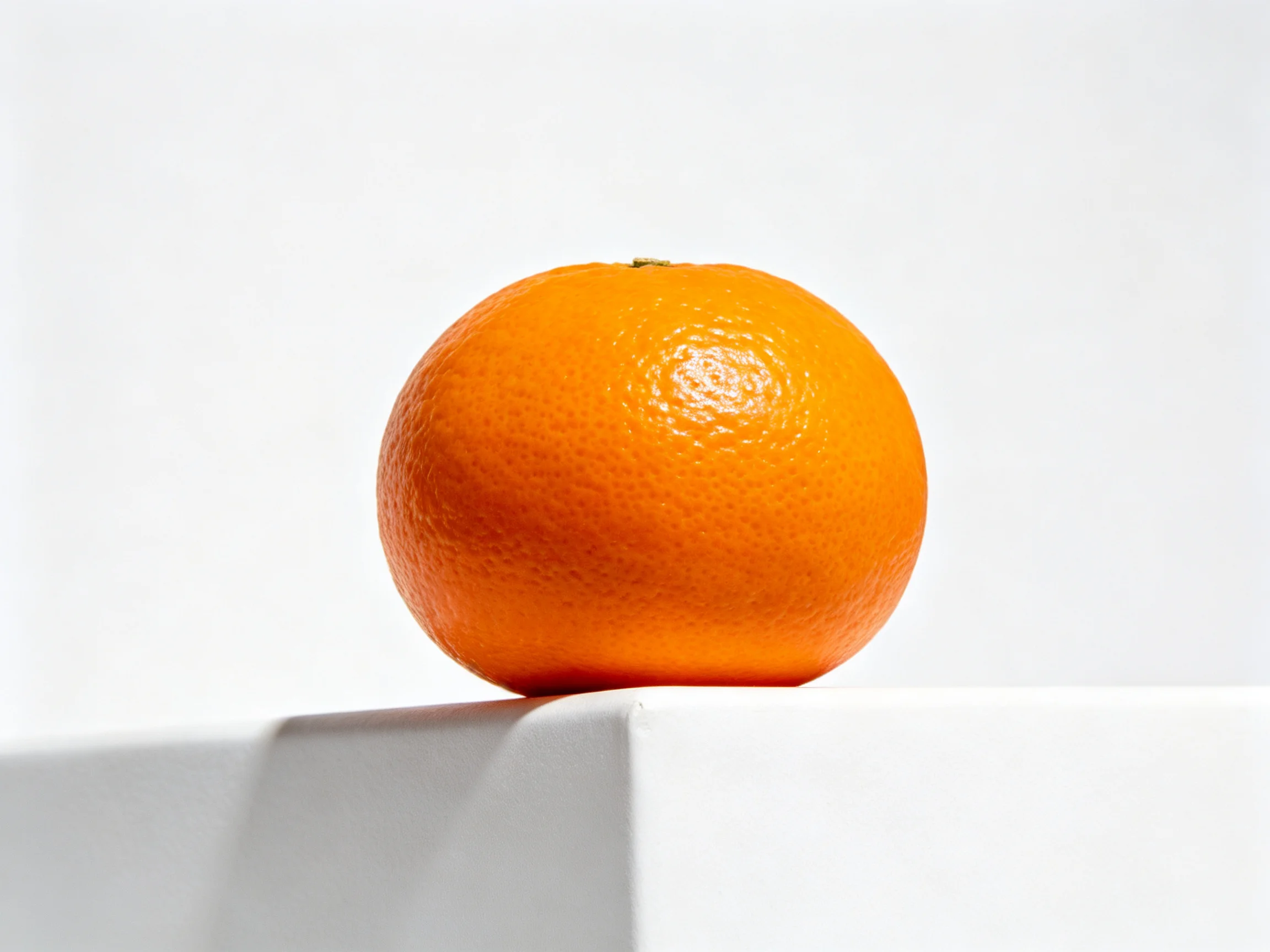 A single vibrant orange rests on a white structure against a stark white backdrop
