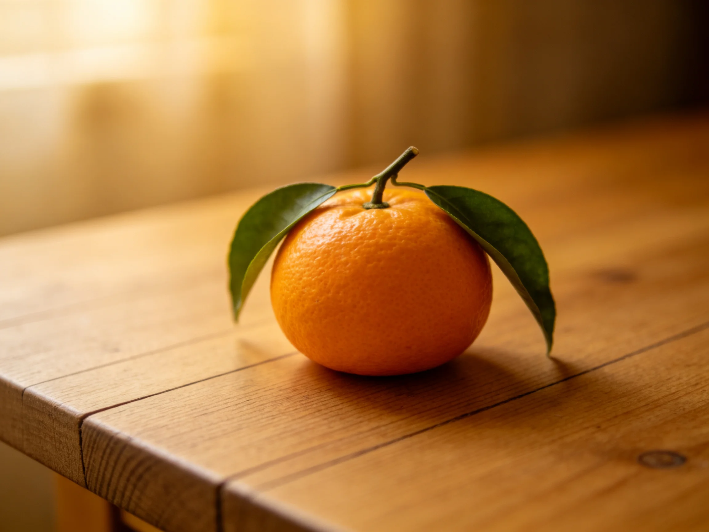 A single vibrant orange with green leaves rests on a polished wooden surface