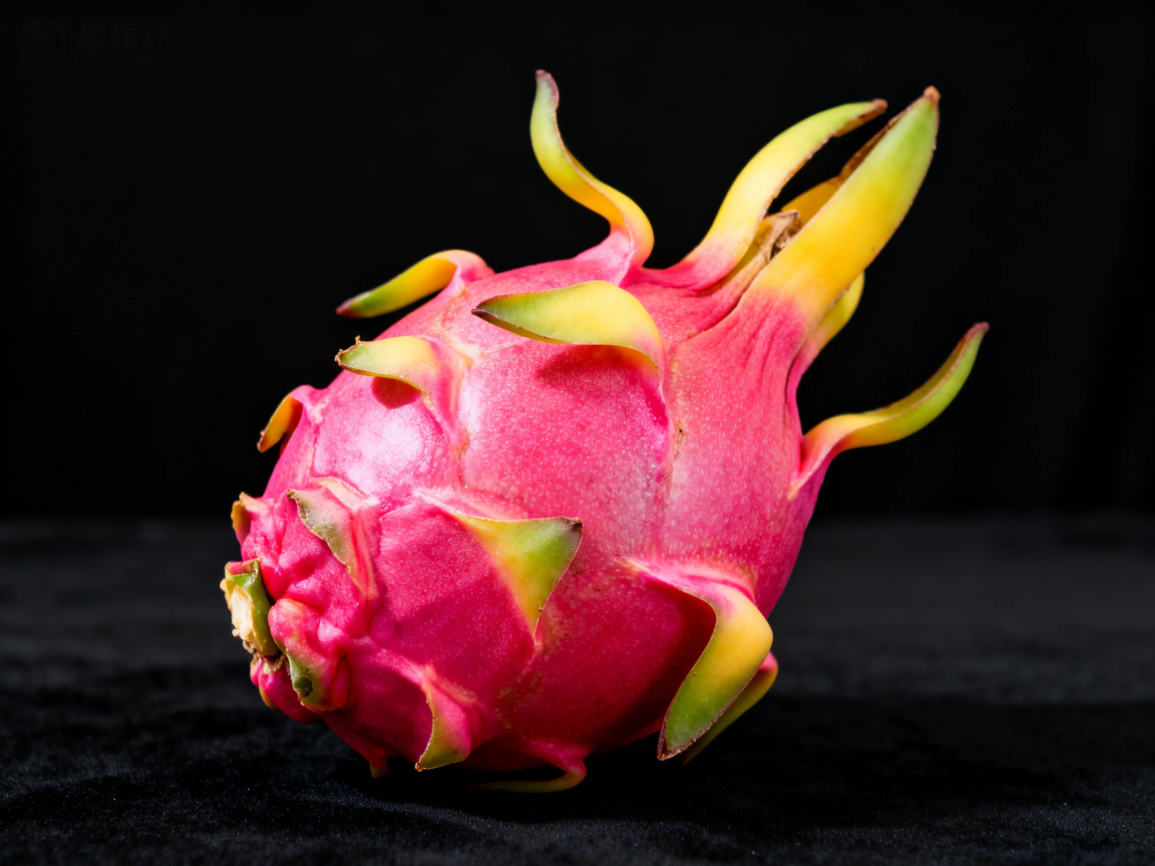 A single vibrant pink dragon fruit with yellow-green spines