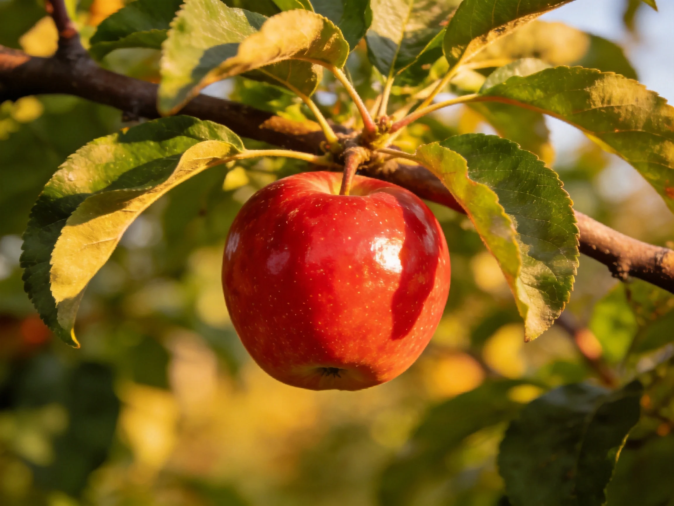 A single vibrant red apple hangs from a tree branch amid green foliage