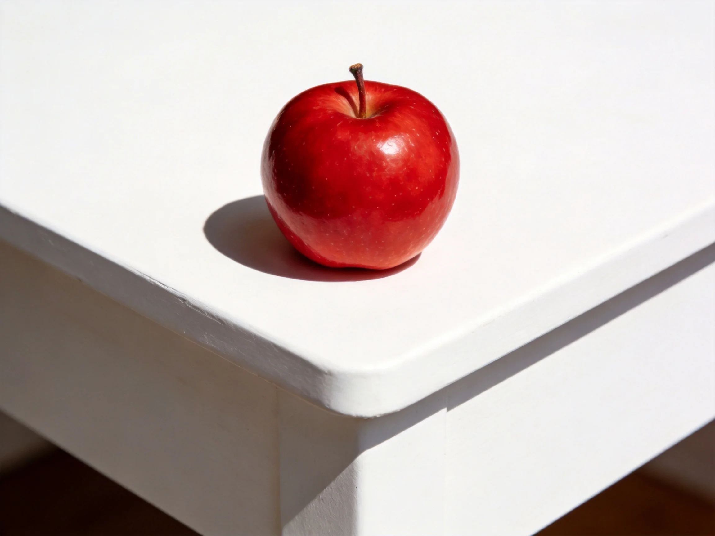 A single vibrant red apple rests atop a pristine white table corner