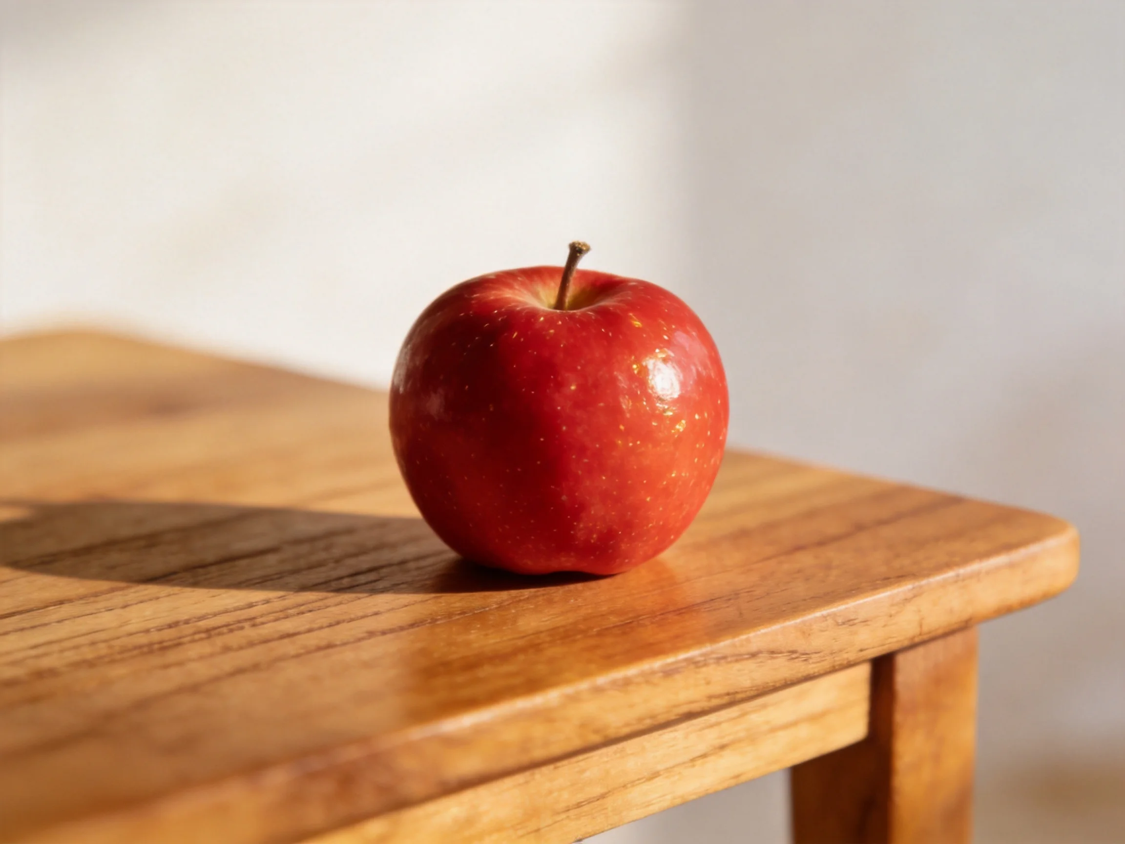 A single vibrant red apple rests on a polished wooden table