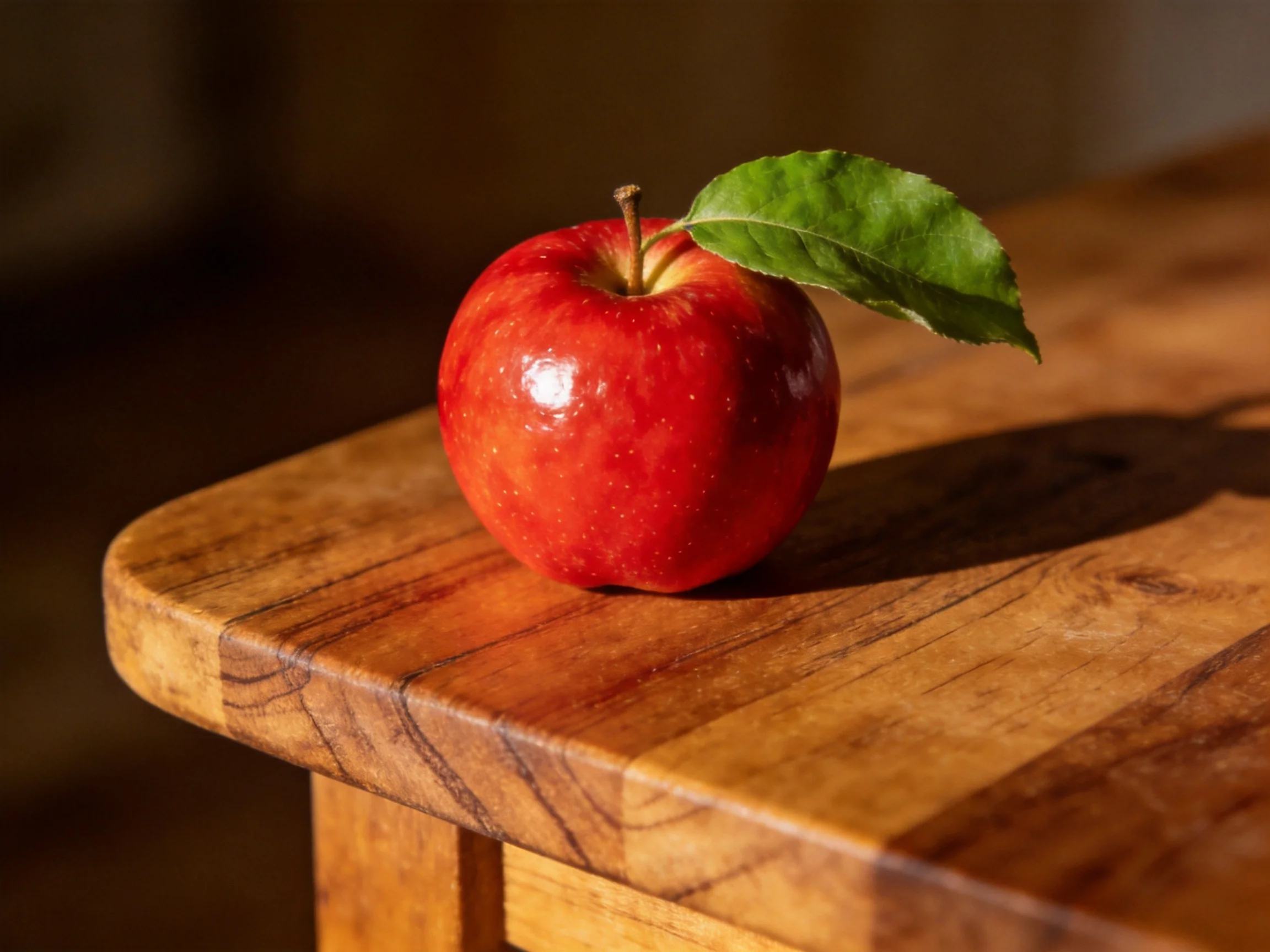 A single vibrant red apple rests on a polished wooden table